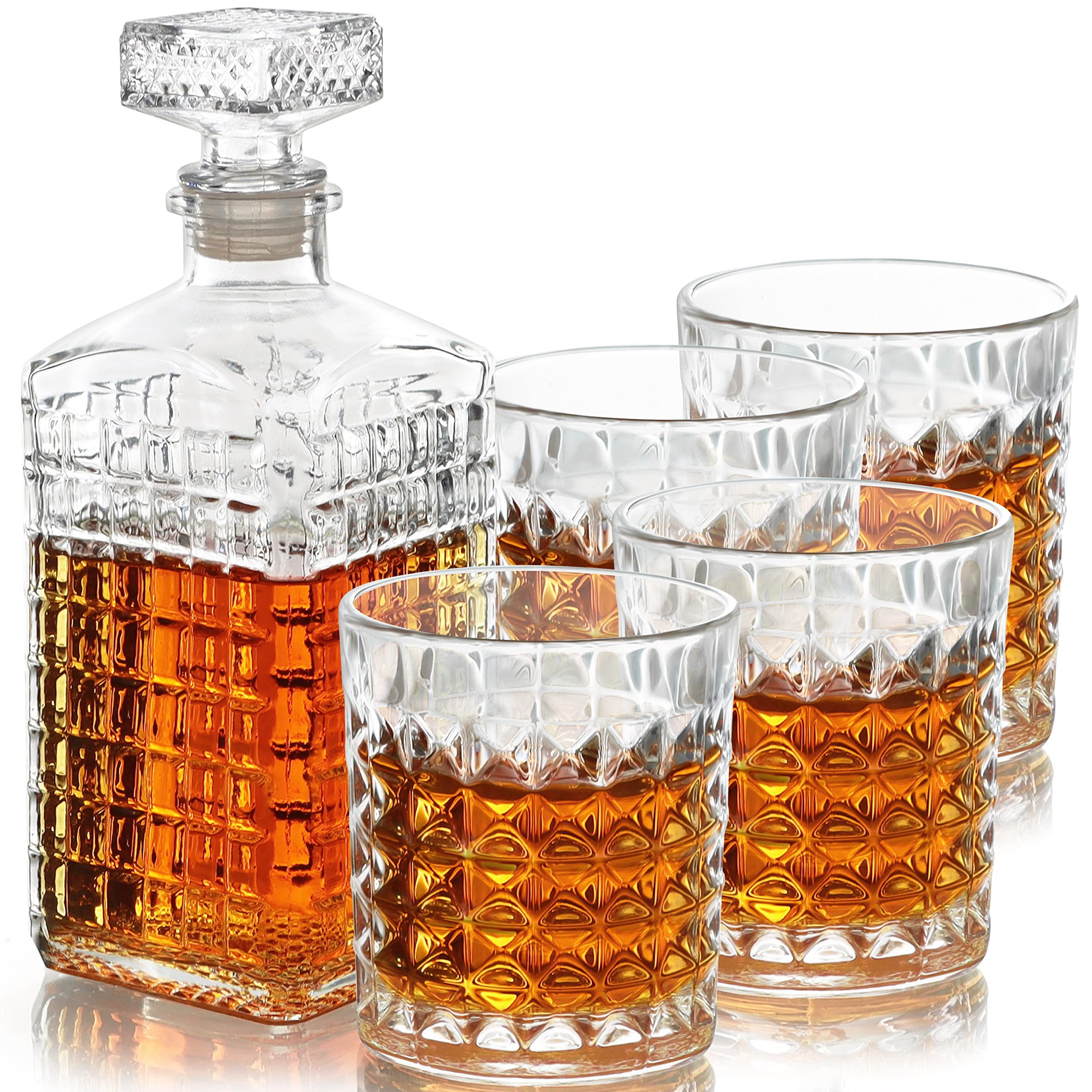Belle Vous Becher Whisky Dekanter Set - 500 ml Karaffe & 4 personalisierte Gläser, Glas, Whisky Dekanter Set - 500 ml Karaffe & 4 gravierte Gläser