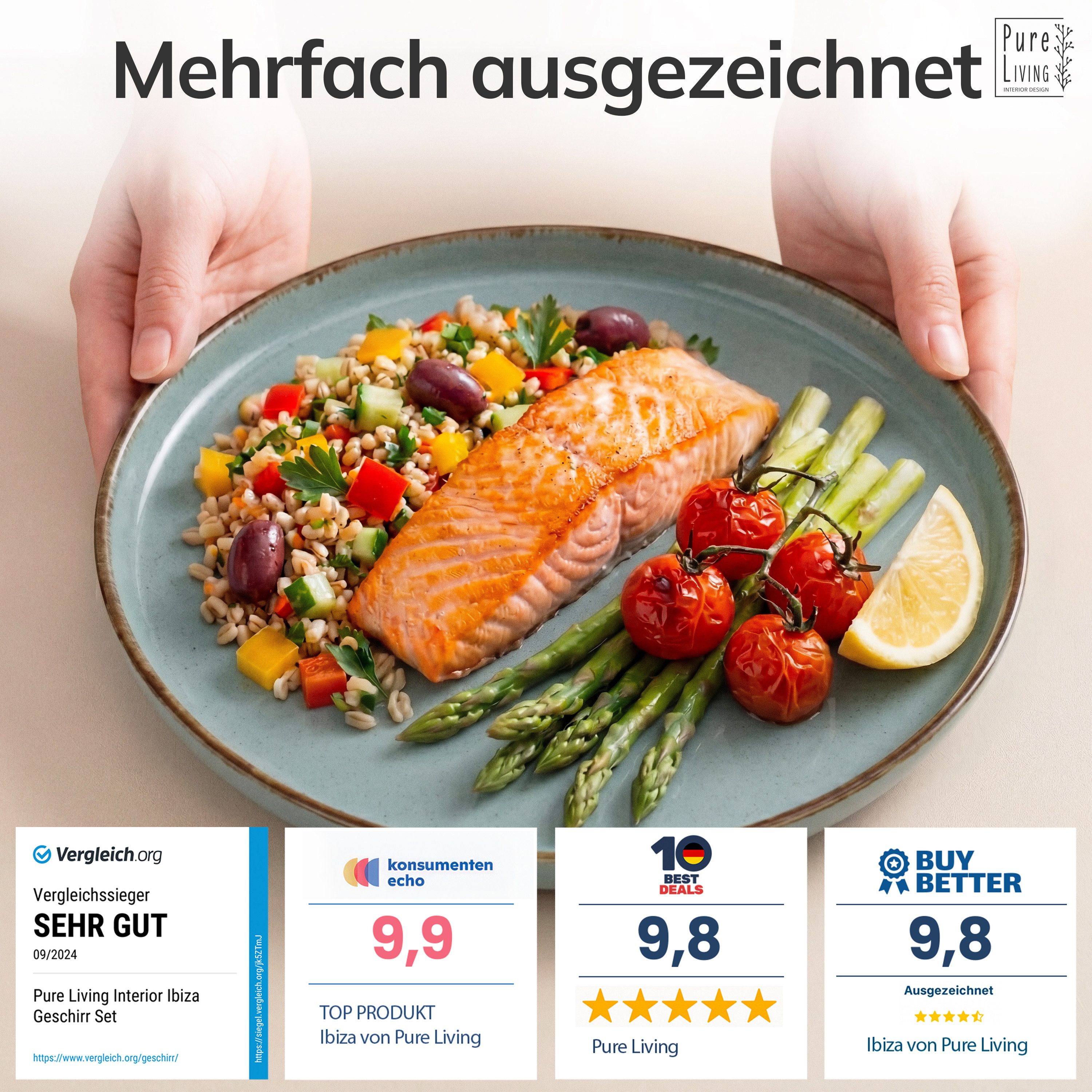 PURE LIVING INTERIOR DESIGN Geschirr-Set Pure Living »Rustic« (18-tlg), 6 Personen, Steingut, Rauchblau, 6 Personen, Steingut, Authentischer Landhausstil, Reaktive Glasur – jedes Stück ein Unikat,…