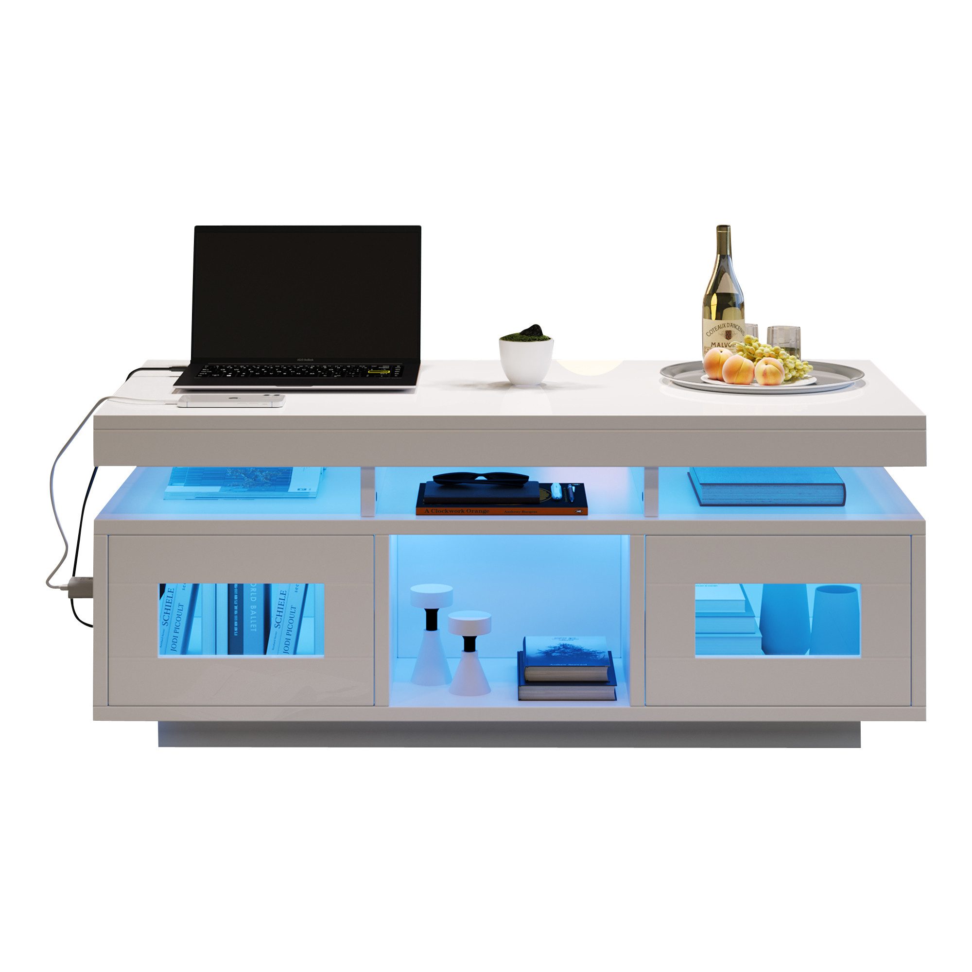 ANYSUN Couchtisch Sofatisch Wohnzimmertisch mit Schrank (Spar-Set, 1 tisch), mit LED-Leuchten, 100×50×43cm