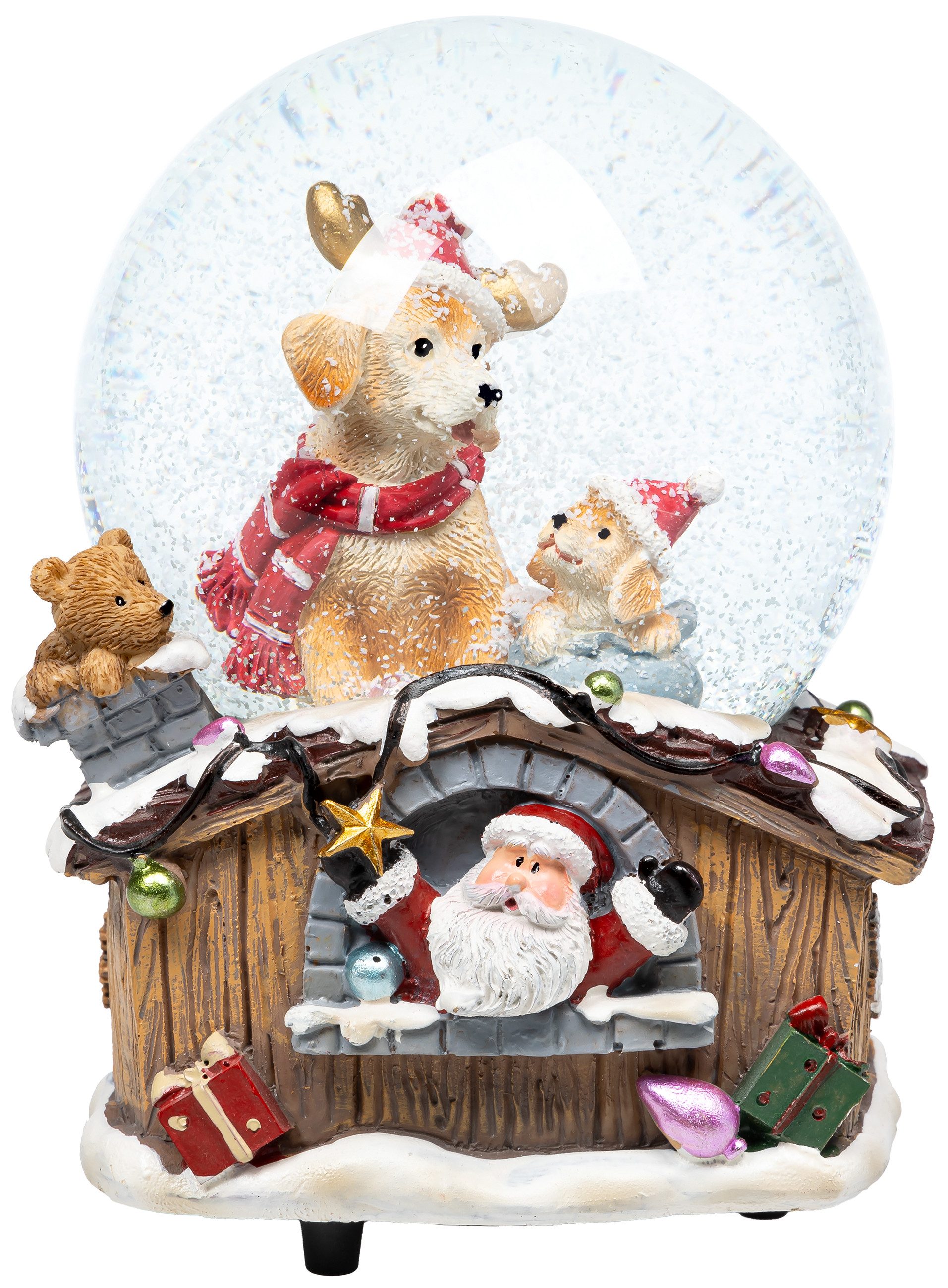 SIKORA Schneekugel SK20 Zwei Hunde mit Weihnachtsmützen und Schal mit Spieldose D:10cm