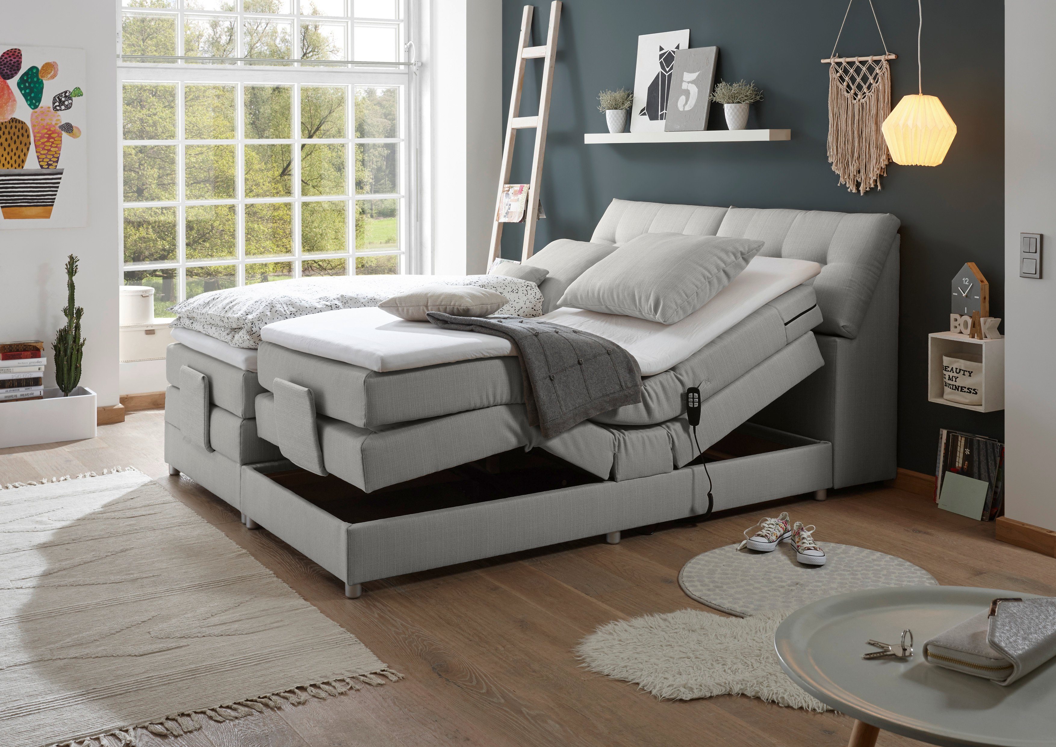 ED EXCITING DESIGN Boxspringbett Concord, inkl. Motor, Stauraum im Kopfteil und Topper