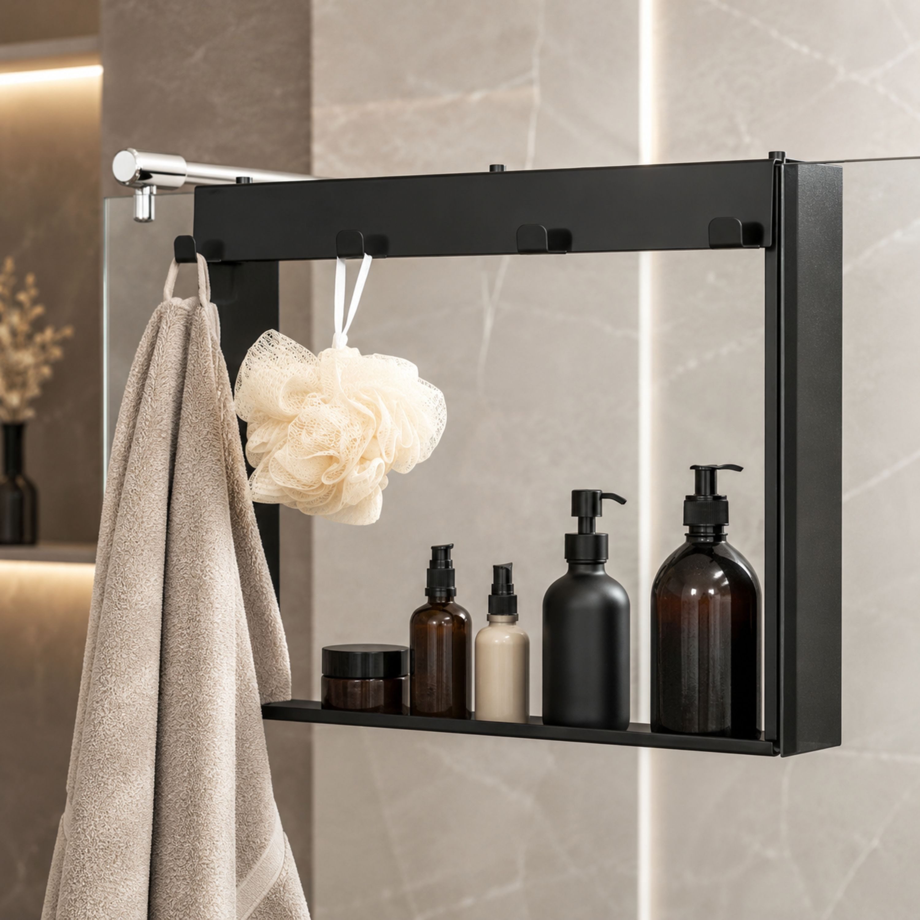 ELMOWO Duschablage zum Hängen für Glastür in Schwarz - Edelstahl Ablage für die Dusche, für jede Glasduschwand, Duschregal bis zu 3 cm verstellbar