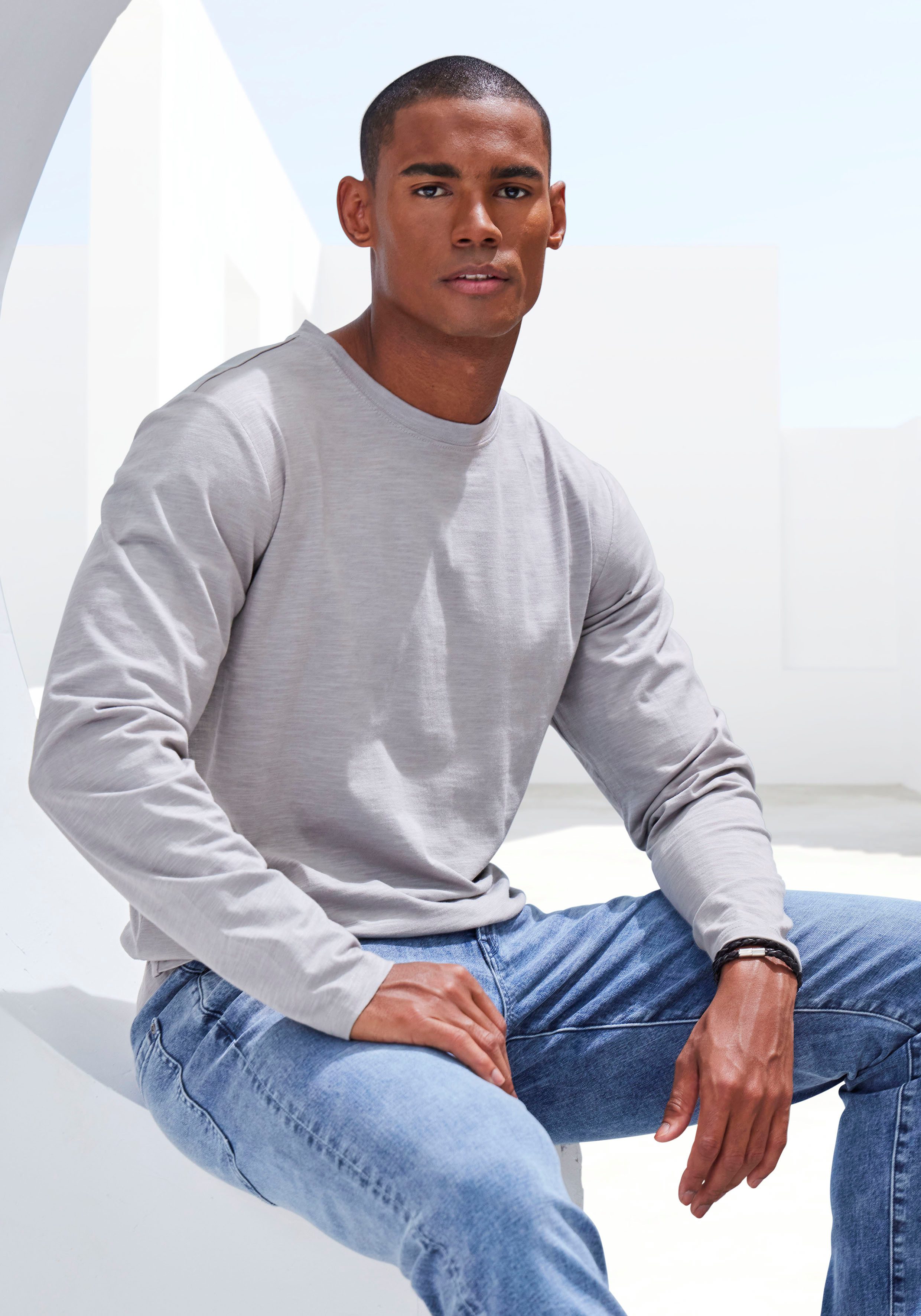 John Devin Langarmshirt mit Slub-Garn Struktur (2er-Pack) Longsleeve aus leichter, strukturierter Baumwollqualität