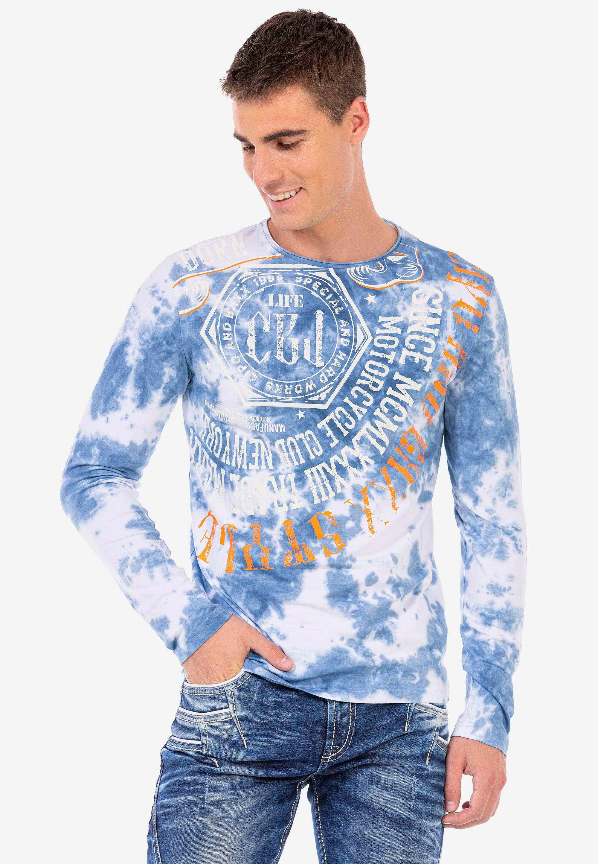 blau mit & Baxx Langarmshirt trendigem Cipo Frontprint