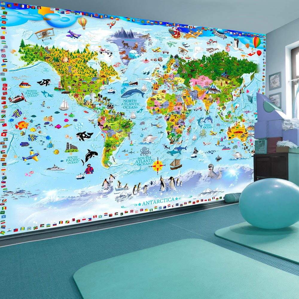 KUNSTLOFT Vliestapete World Map for Kids 4x2.8 m, Halb-matt, lichtbeständige Design Tapete