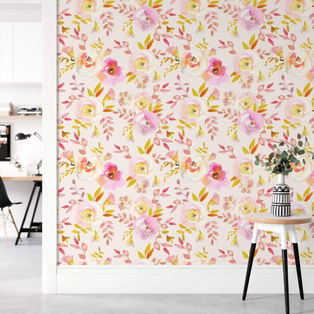 K&L Wall Art Mustertapete Vliestapete Sommerblume Aquarell moderne Rosentapete Vintage Blumen, Sommerblüten Tapete