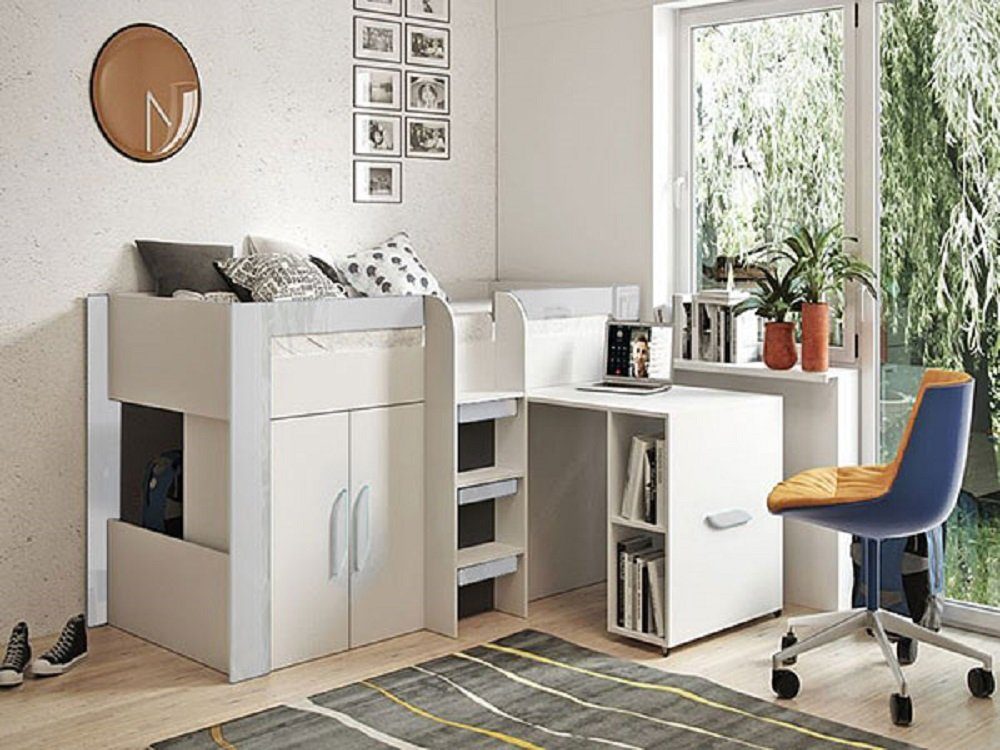 Feldmann-Wohnen Hochbett TABLET (Etagenbett mit Kleiderschrank und Schreibtisch) Farbe wählbar weiß / weiß Hochglanz - Griffe weiß