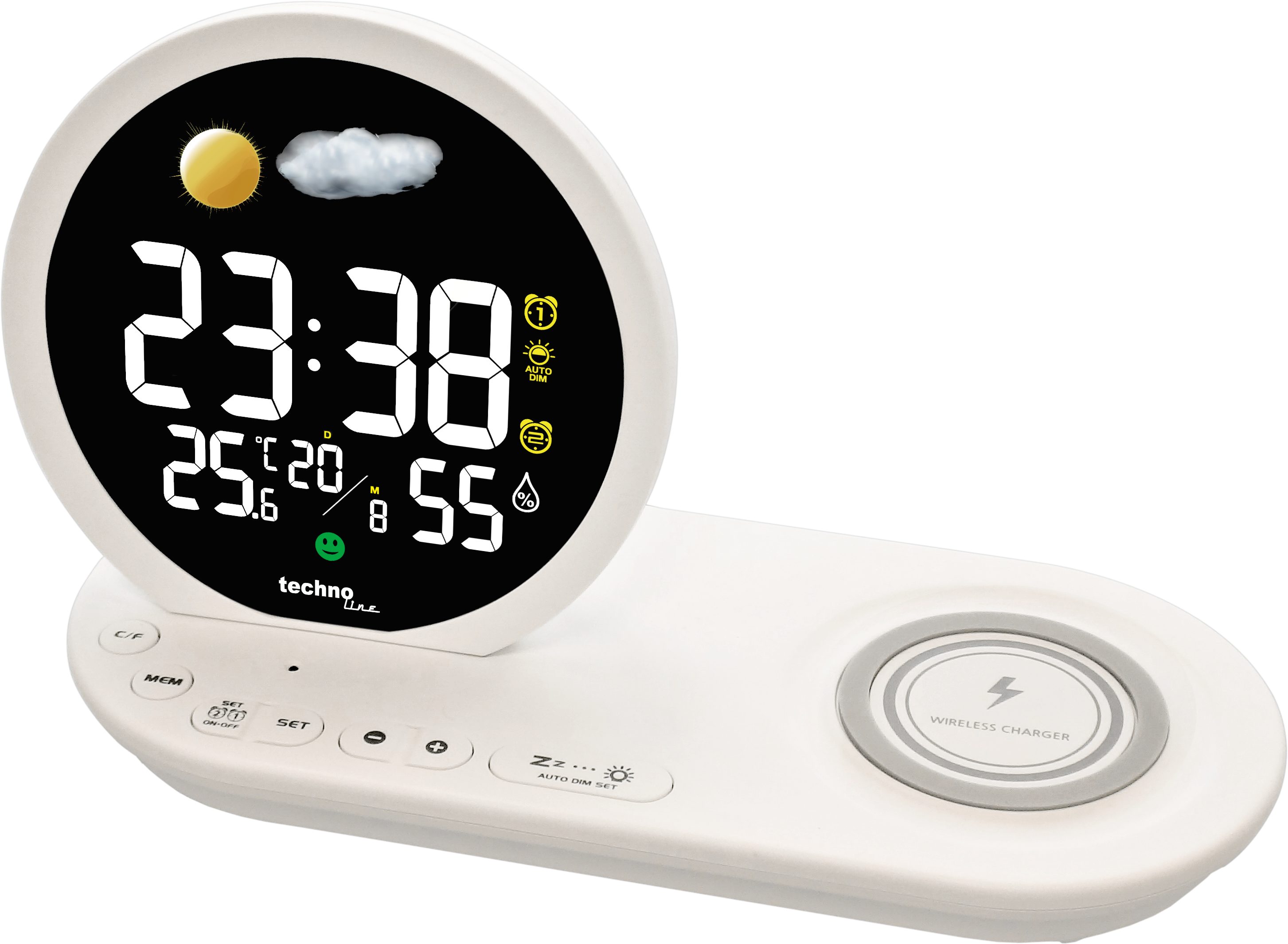 technoline Wecker WT 427 Qi Wireless Charger & USB-Laden, Wettervorhersage, 2 Alarme, Dimmbar