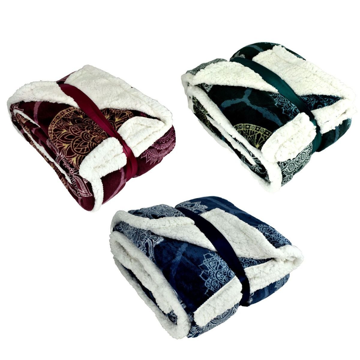 Wohndecke Kuscheldecke XL Flanell Sherpa 150x200cm Ornamente 3 Farben, VIVA, Flanell und Sherpa