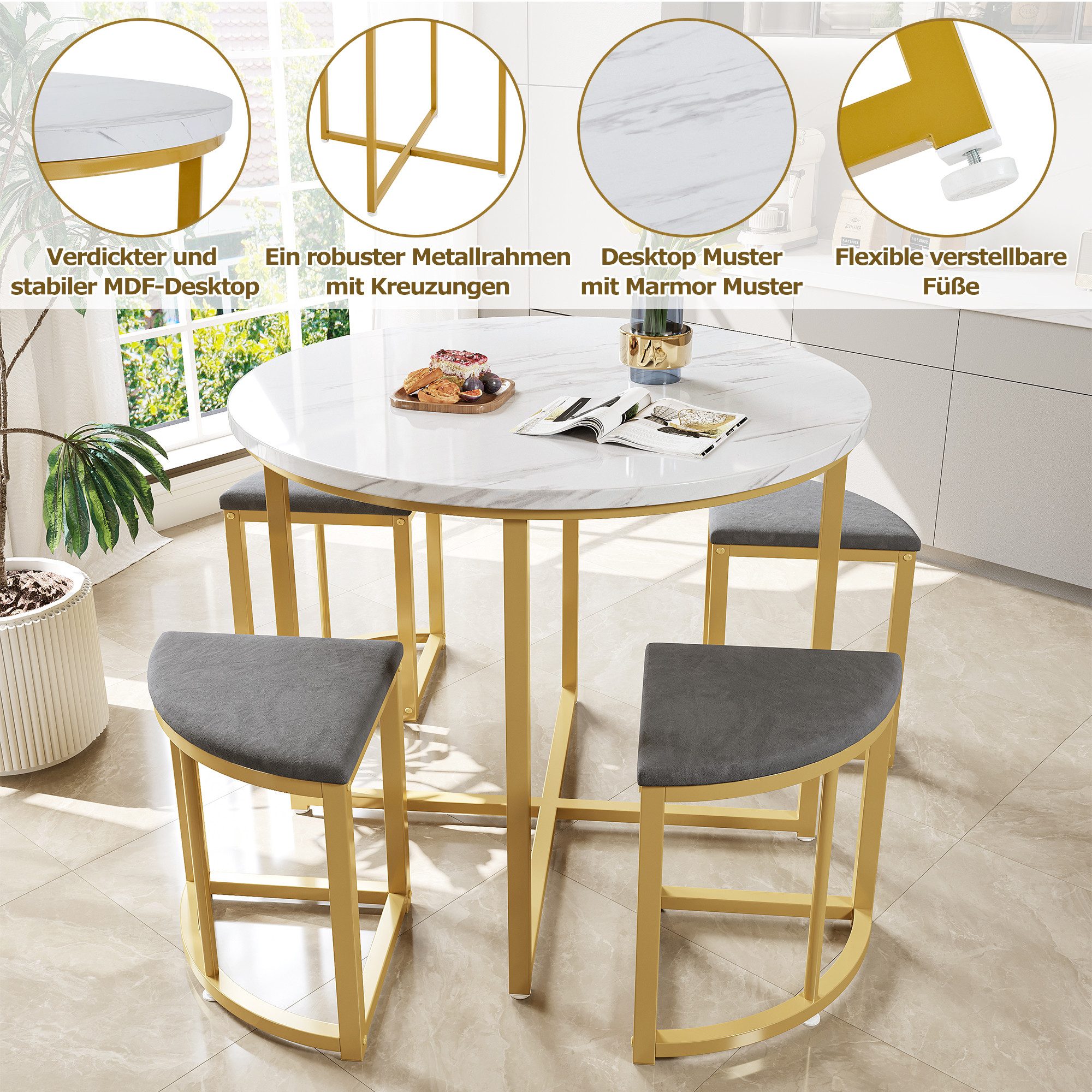 TavilaEcon Essgruppe Esszimmertisch-Set mit vier Stühlen, MDF-Tischplatte, (5-tlg), rund Esstisch, 4 kleinen Hockers – Bild 5 von 5
