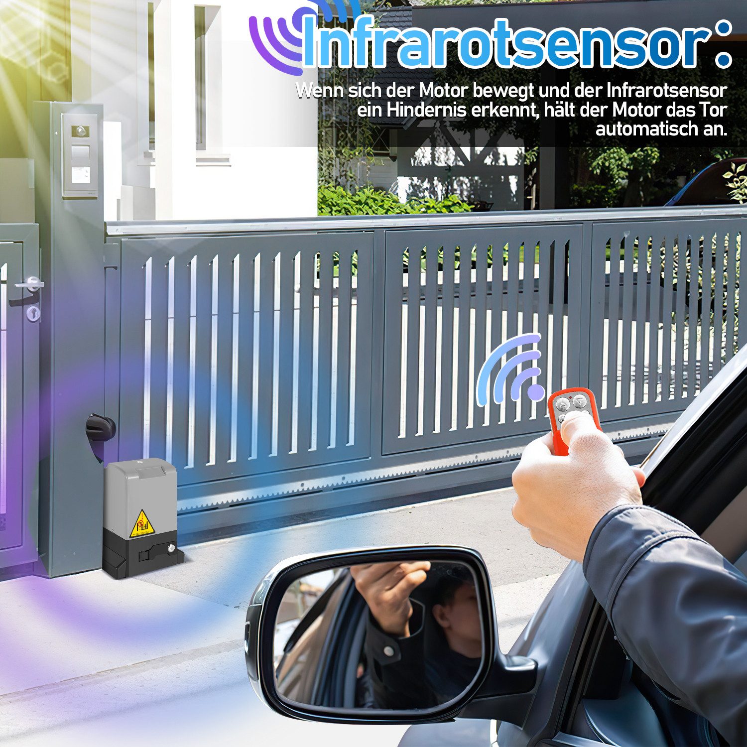 Clanmacy Schiebetorantrieb 550W Torantrieb Toröffner Motor 1200kg Schiebetor Antrieb Komplett-Set, mit Gleitschiene, (IP44 wasserdicht, mit 2 orangen Schlüssel und 1 Fernbedienung), Betriebene Türen Eisenwaren