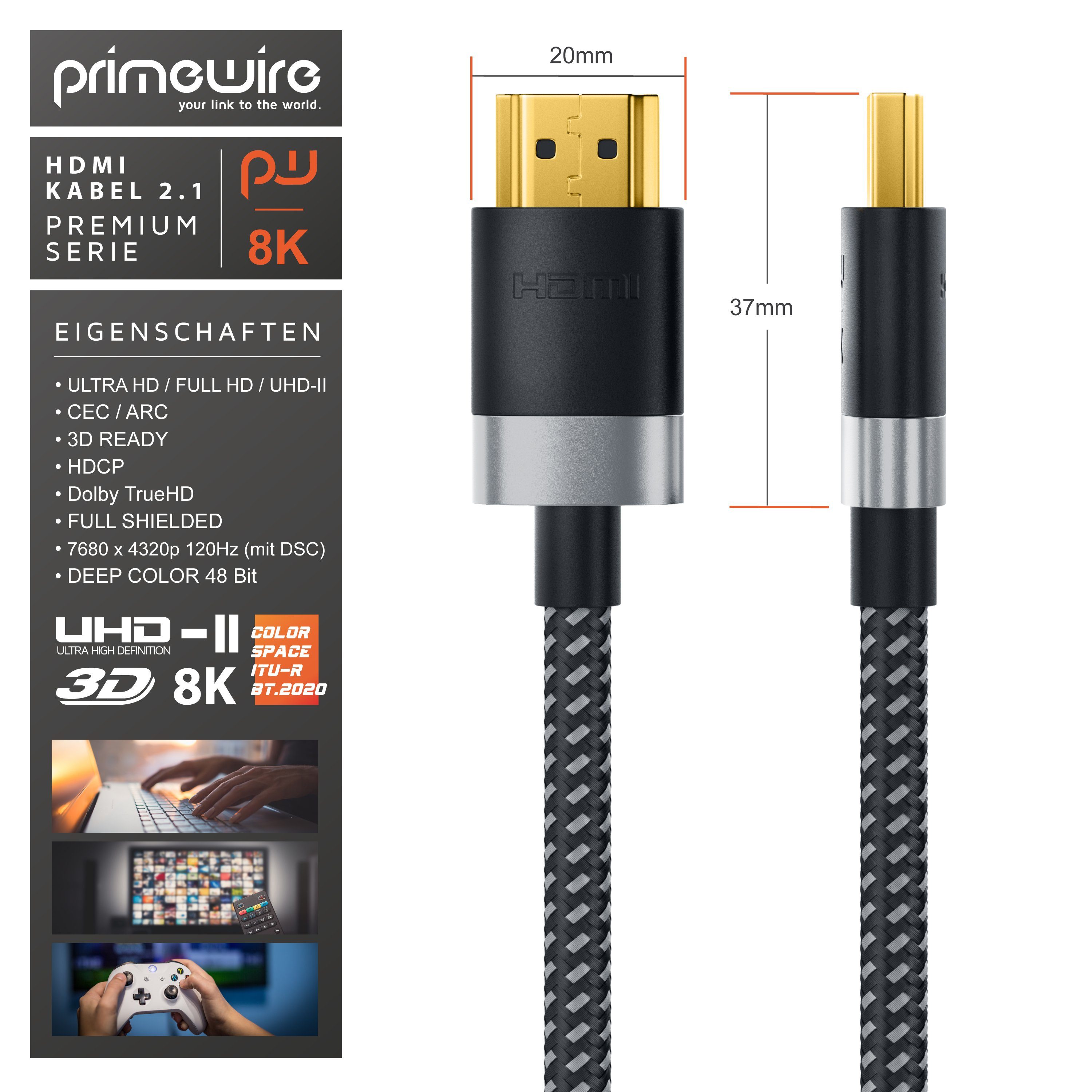 Primewire 8K @ 120Hz / 4K @ 240Hz DSC, Ultra High Speed, Nylonummantelung, 0,5m HDMI-Kabel, 2.1, HDMI Typ A (50 cm), 48 Gbit/s Bandbreite, eARC, CEC, HDCP, für  – Bild 5 von 5