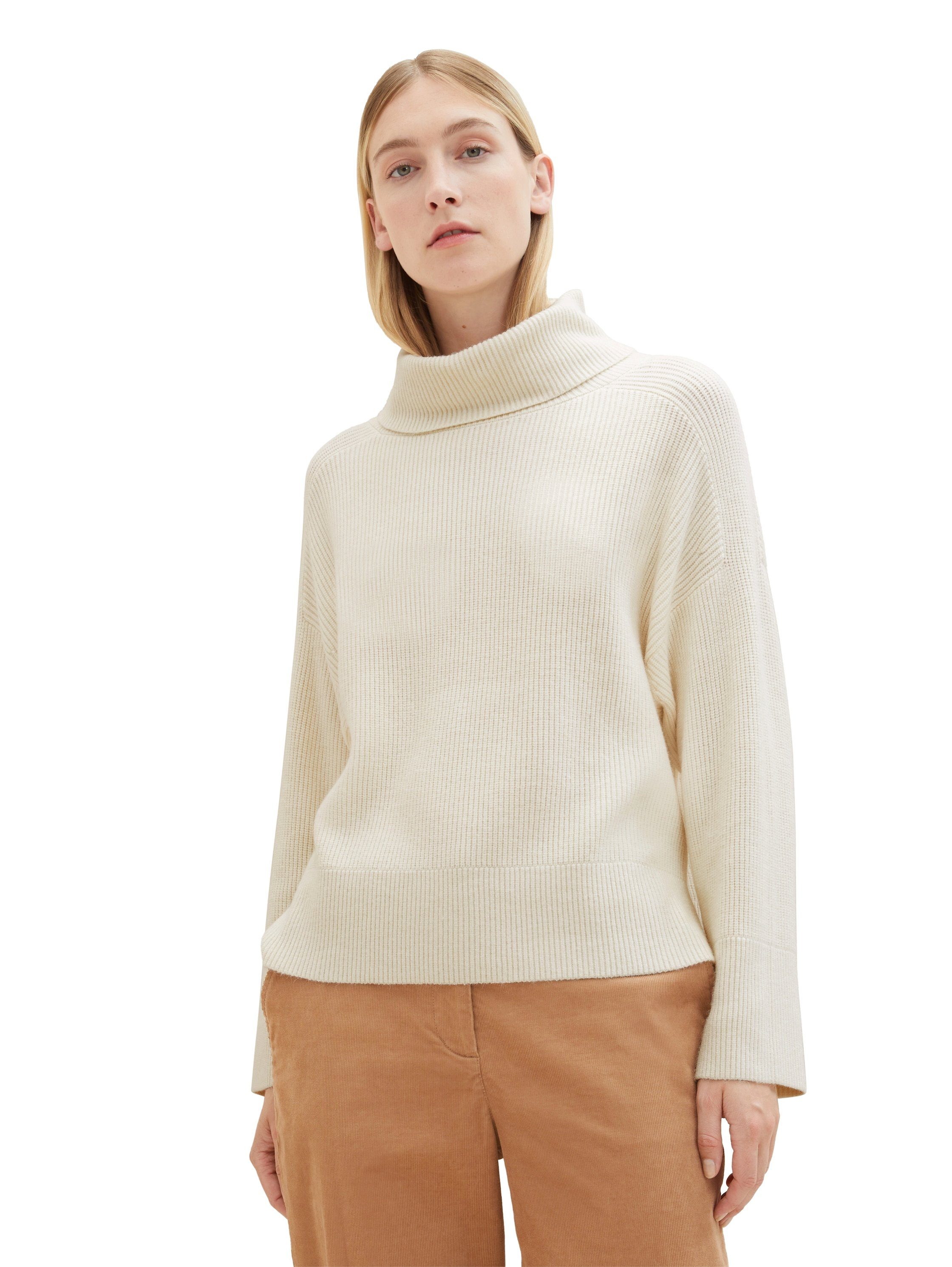 mit TOM TAILOR Markenlabel Strickpullover solid soft beige