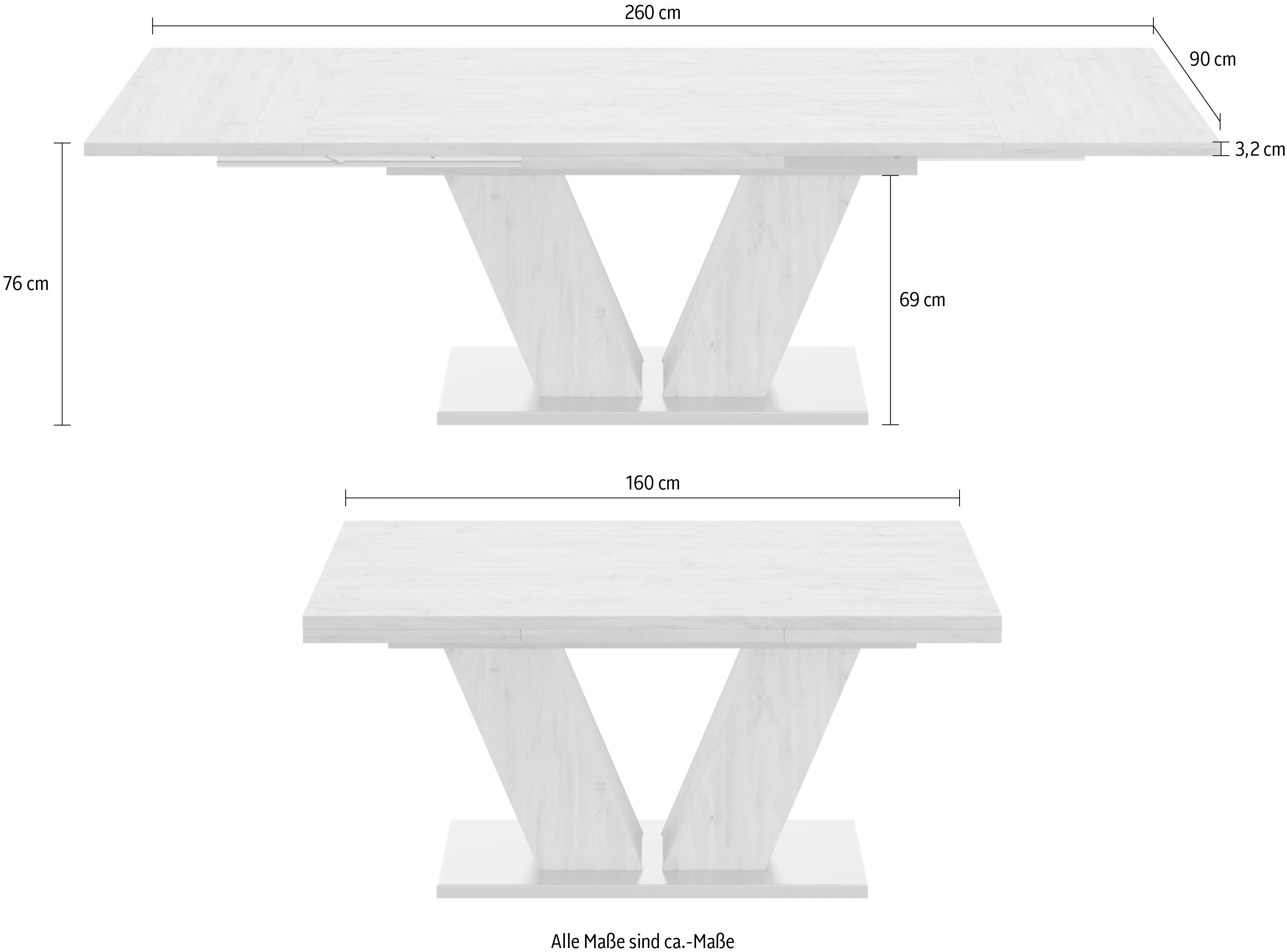 Mäusbacher Esstisch und Auszug, matt D, Breite mit 160-260 Komfort mit asteichefarben/weiß in cm asteichefarben V-Gestell lack