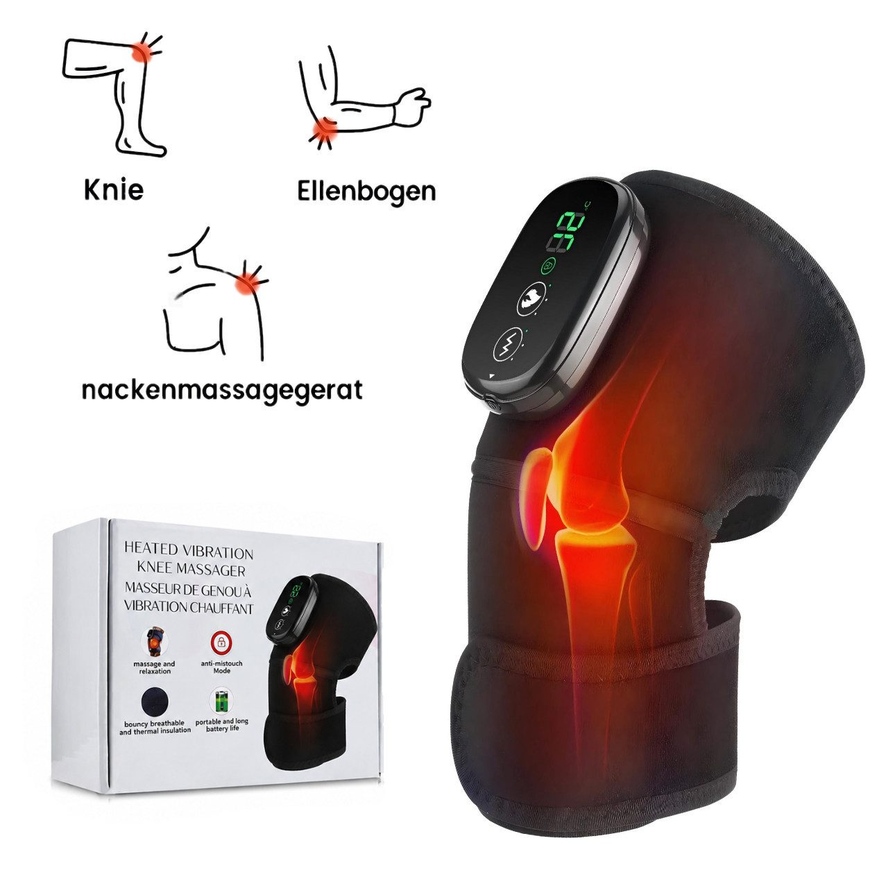 Toomoke Massagegerät 3 in 1 Elektrische Kniemassagegerät mit Wärmefunktion Kniebandage, für Knie, Schulter & Ellenbogen, 5000 mAh, kabellos, Vibrationsmassage, Geschenk