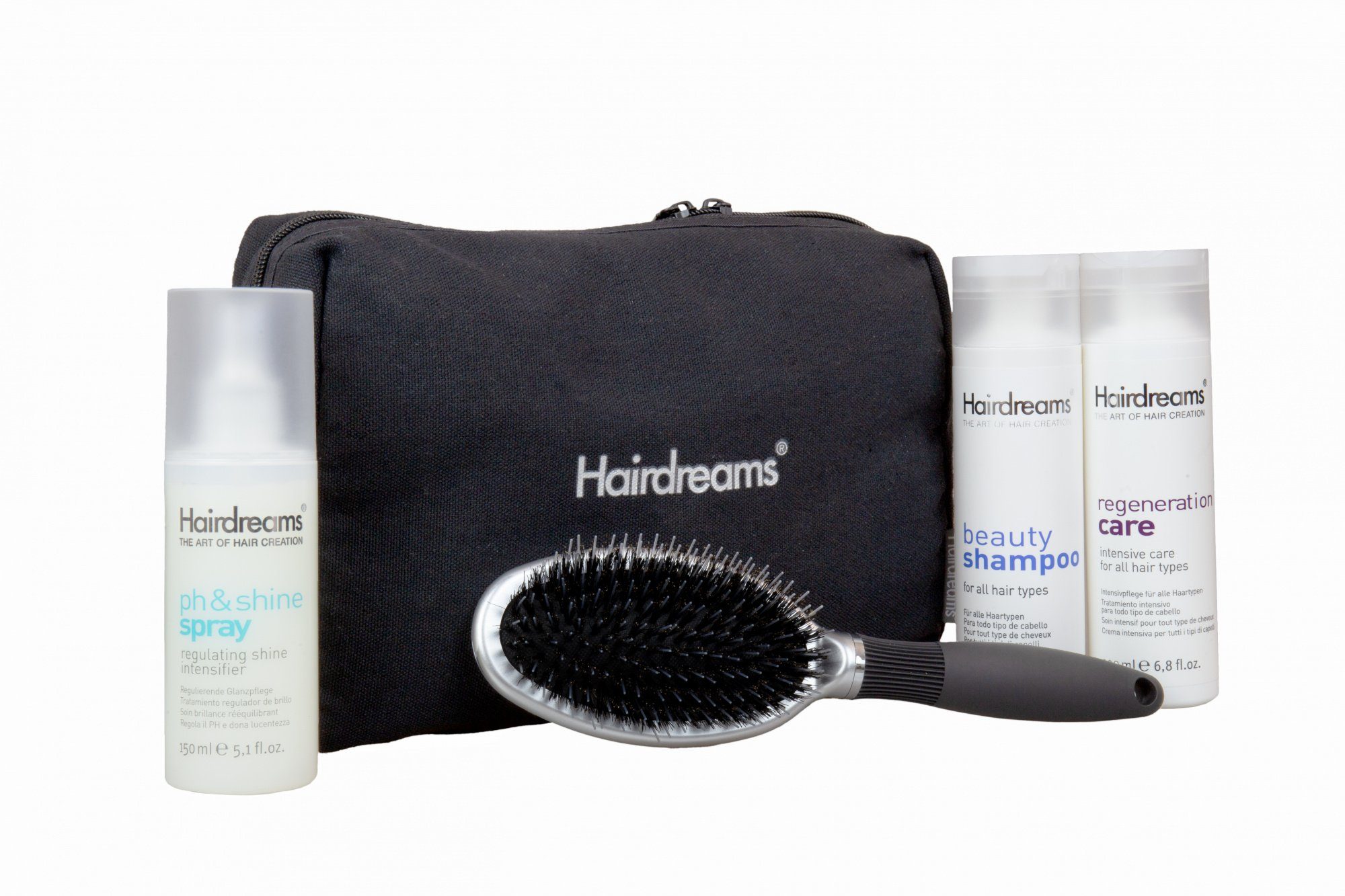 Hairdreams Haarpflege-Set Hairdreams Home Care Set 3 mit Volume Shampoo, 5-tlg., Set für Haare mit Echthaarverlängerungen, Volumenshampoo, ph&shine Spray, Regeneration Care, Bürste, Tasche