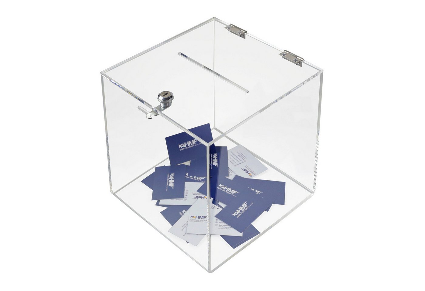 HMF Geldkassette Acryl Spendenbox mit Schloss, 25 x 25 x 25 cm, DIN A5, transparent
