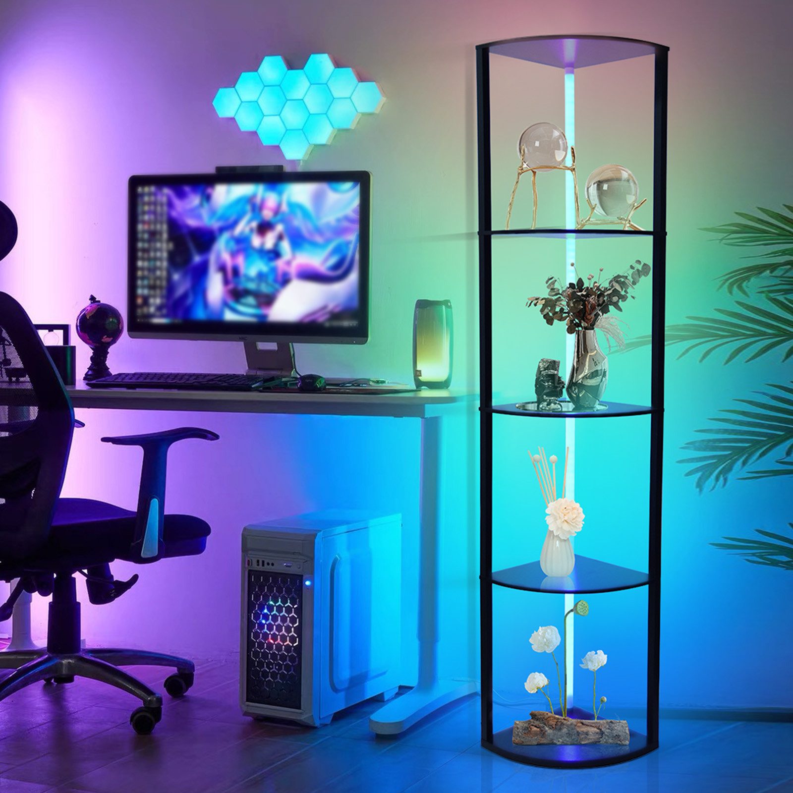 XIIW Eckvitrine LED Eckregal Standregal Bücherregal Vitrine mit Fernbedienung Smart (5 Etagen, 30×30×162 cm, Stehlampe Stehleuchte Regal aus Holz) für Wohnzimme – Bild 4 von 5