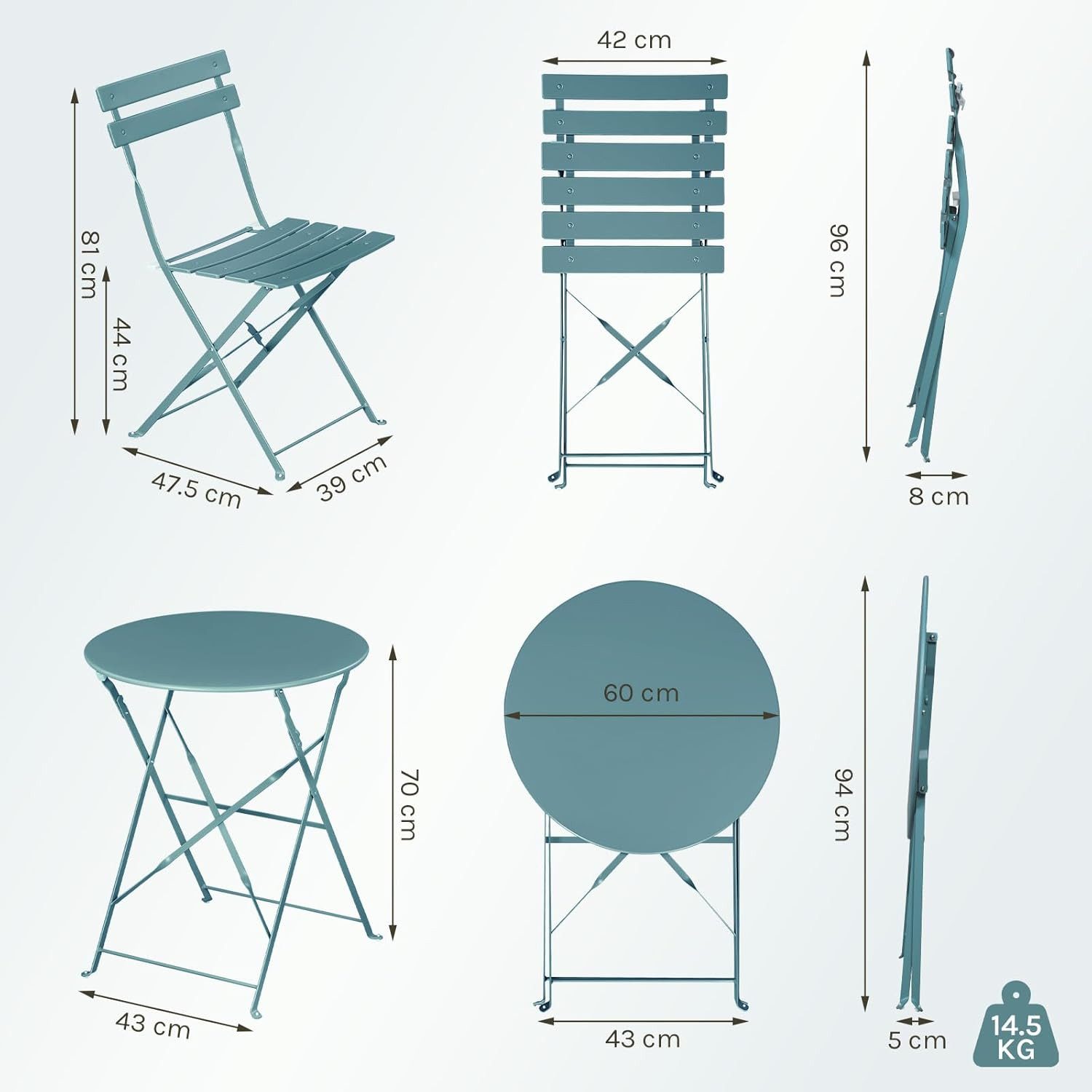 EUGAD Balkonset, (Set, 1-tlg., 1 Tisch, 2 Stühle), klappbar, aus Metall für Balkon Garten