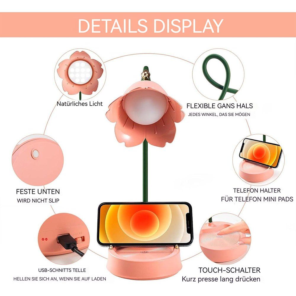 MOUTEN LED Schreibtischlampe LED-Schreibtischlampe Farbtemperaturen Rosa Blumen-Schreibtischlampe, mit 3