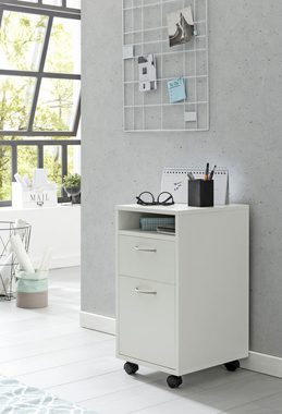 Wohnling Rollcontainer WL5.901, (Bürocontainer Weiß 33x63x38, Schubladenschrank), Schreibtischcontainer mit Rollen, Schublade & Tür