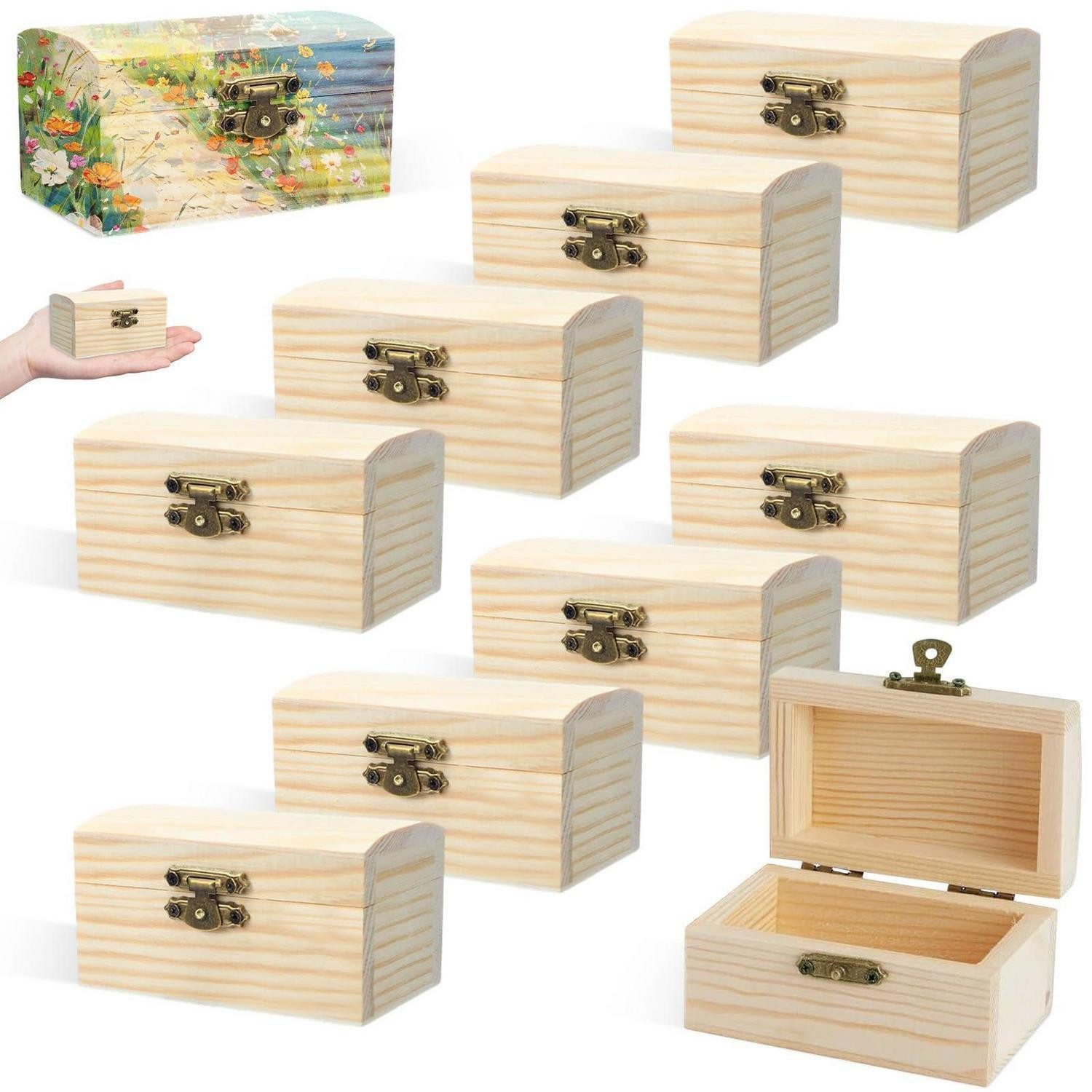 LuxusKollektion Schatzkiste 10er Holzkiste Klein mit Deckel Kiefer 9x6x5cm