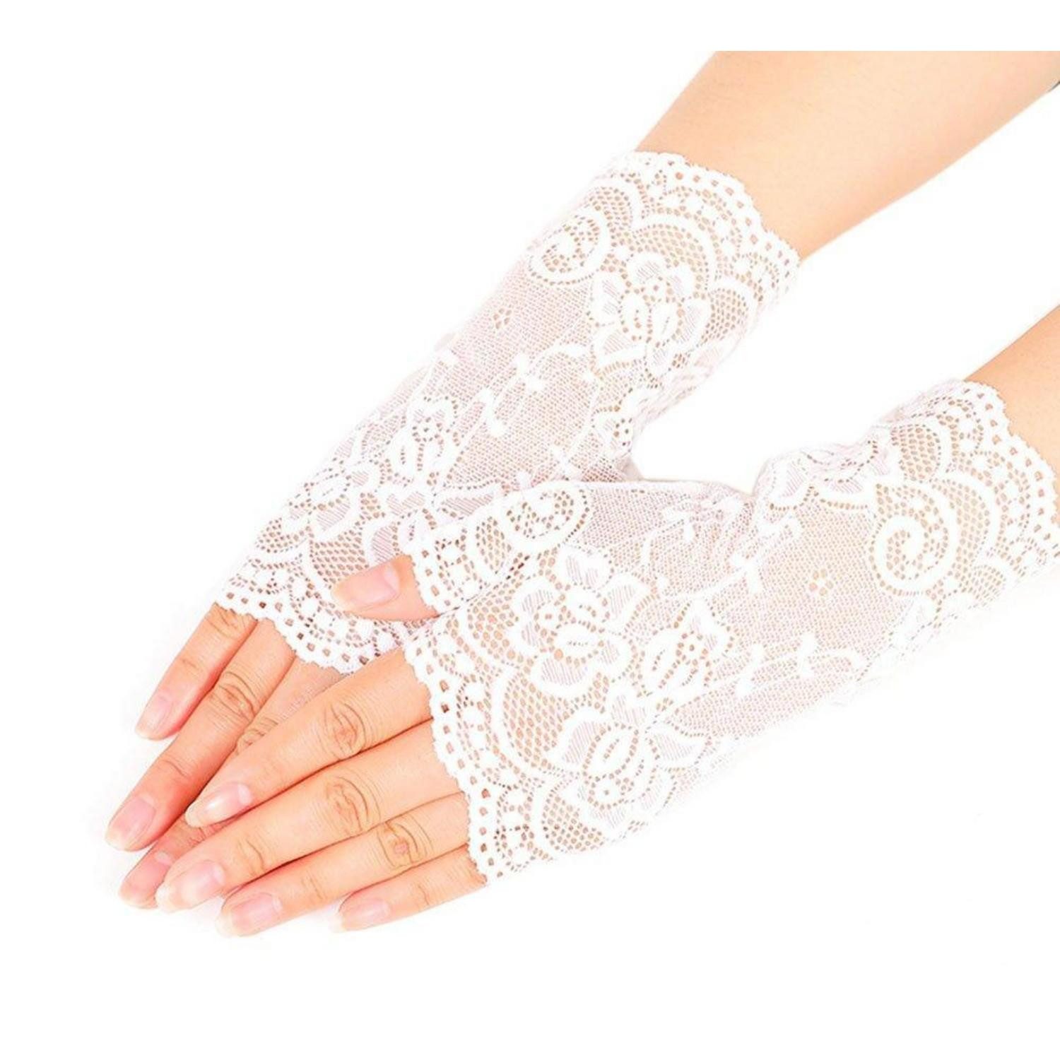 LuxusKollektion Abendhandschuhe Handschuhe Spitze Fingerlos Damen Weiss Einheitsgroesse (1-St)