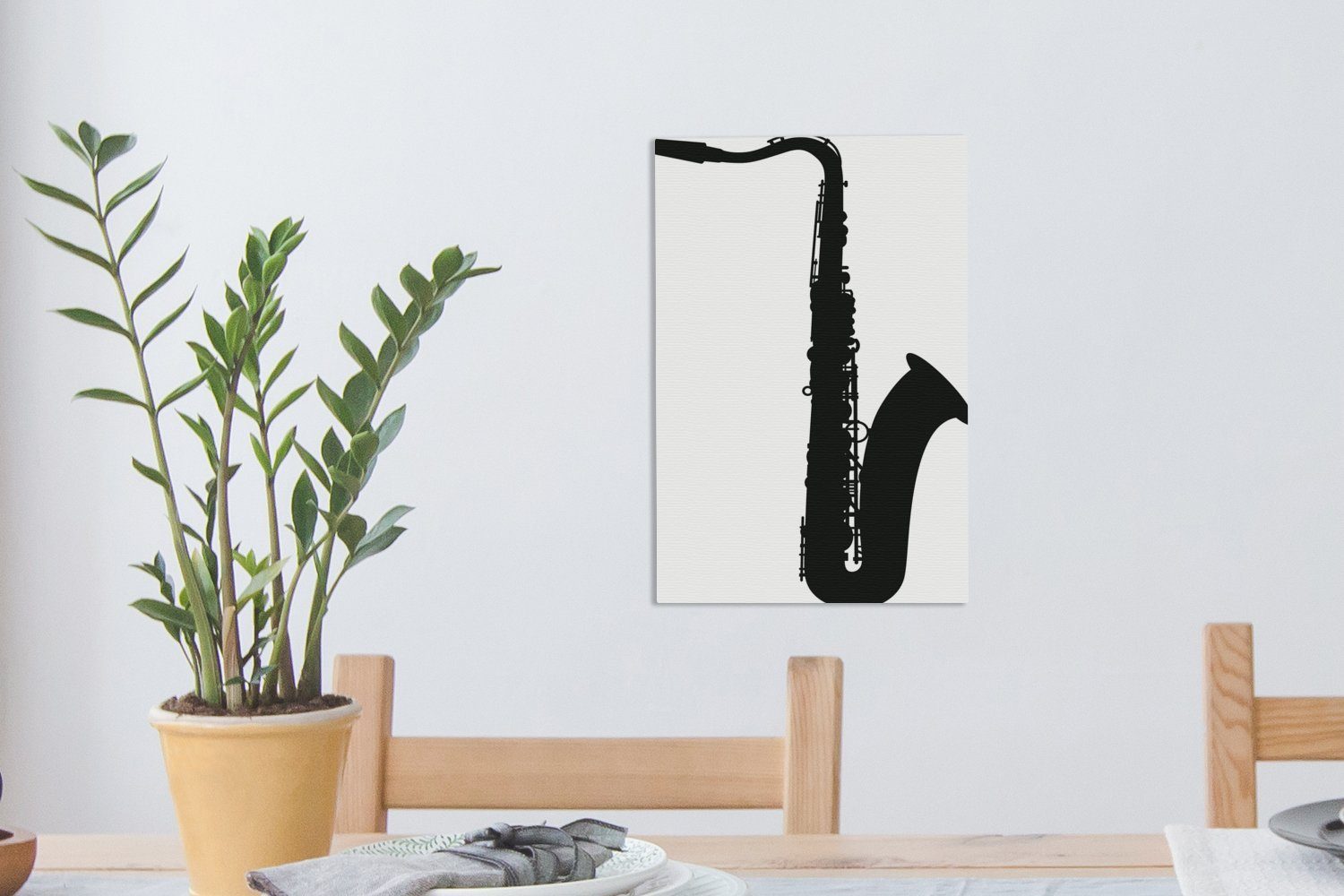 fertig Zackenaufhänger, (1 Leinwandbild cm Silhouette in St), inkl. bespannt OneMillionCanvasses® Saxophons eines 20x30 Leinwandbild Gemälde, Schwarz,
