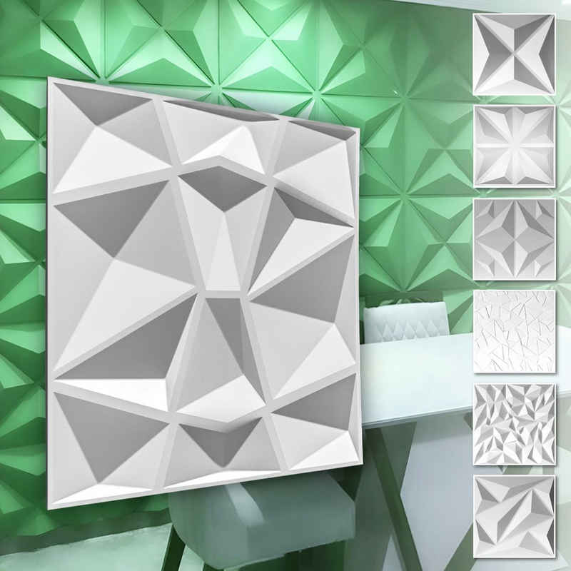 Hexim Wanddekoobjekt HD094 (PVC Kunststoff - weiße Wandverkleidung mit 3D Optik - Diamond Motive (3 qm 12 Platten) Gaming Ideen Wohnzimmer kleben)