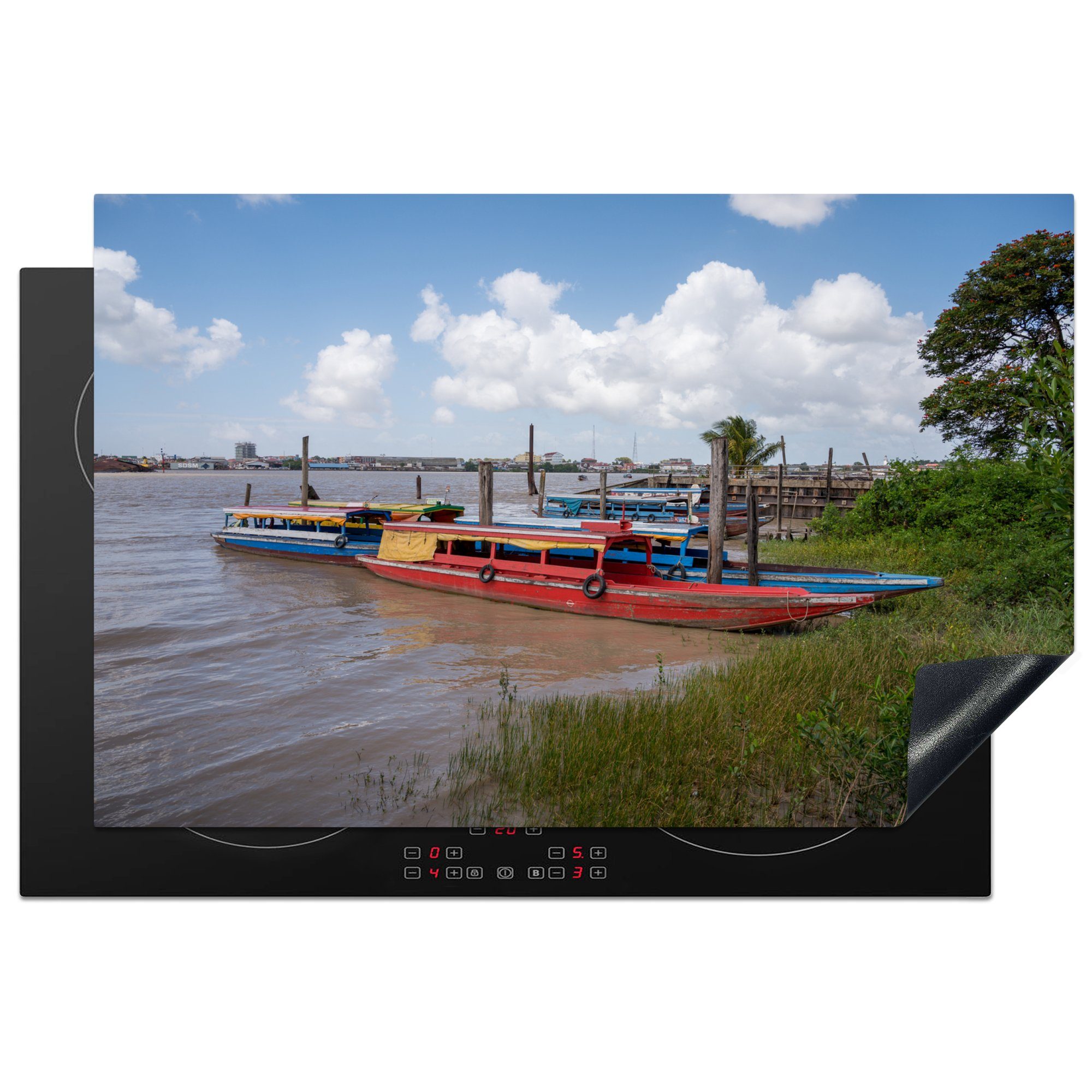 MuchoWow Herdblende-/Abdeckplatte die Fluss einem cm, für Ceranfeldabdeckung Paramaribo, auf (1 Schutz küche, in 81x52 tlg), Induktionskochfeld Boote Bunte Vinyl