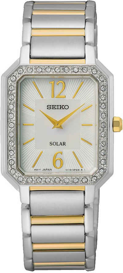 Seiko Solaruhr SUP466P1, Armbanduhr, Damenuhr, Perlmutt-Zifferblatt, Kristallsteine