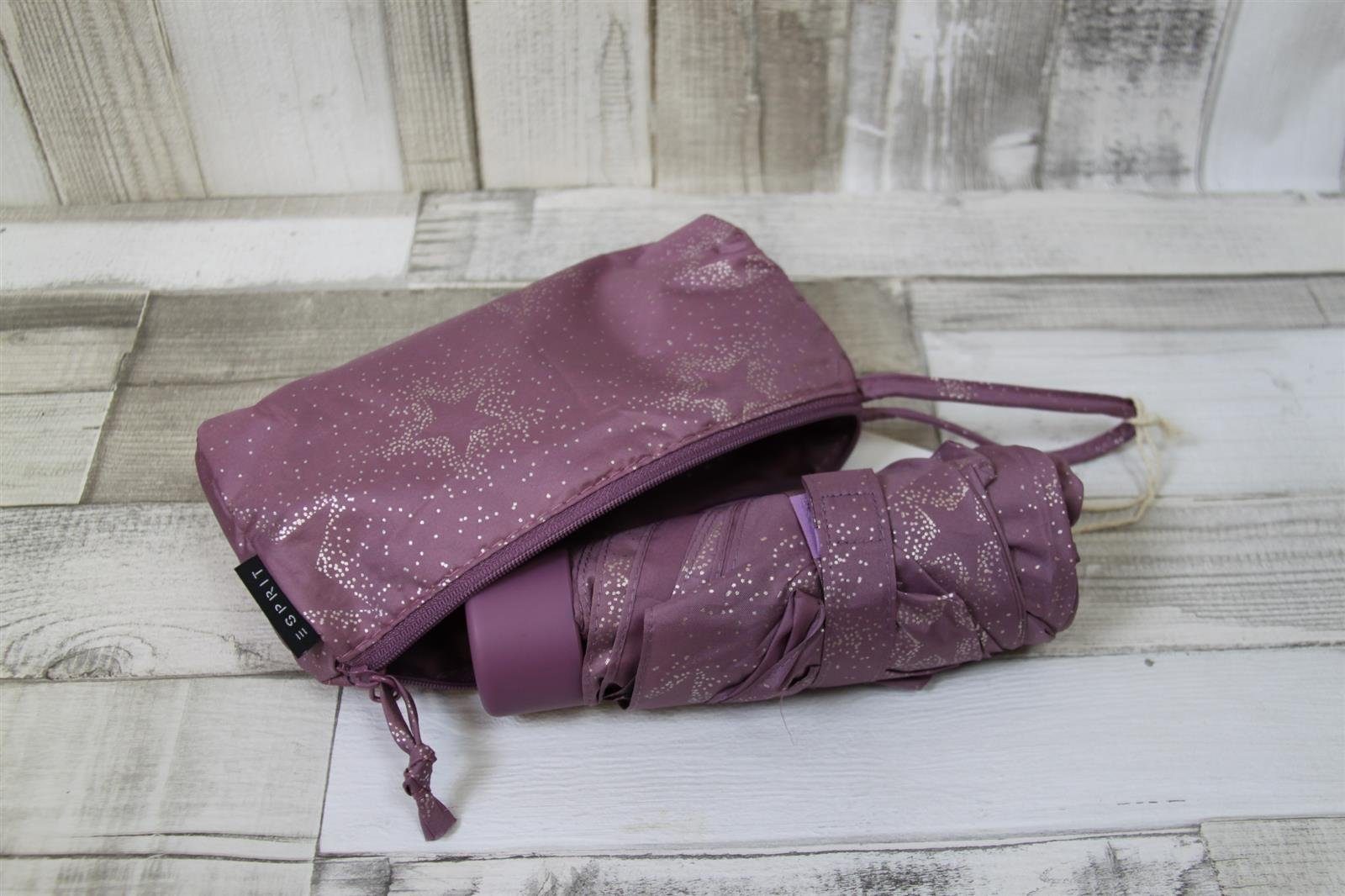 Esprit Taschenregenschirm ESPRIT Taschenschirm lila Glitzersternchen Tasche in einer