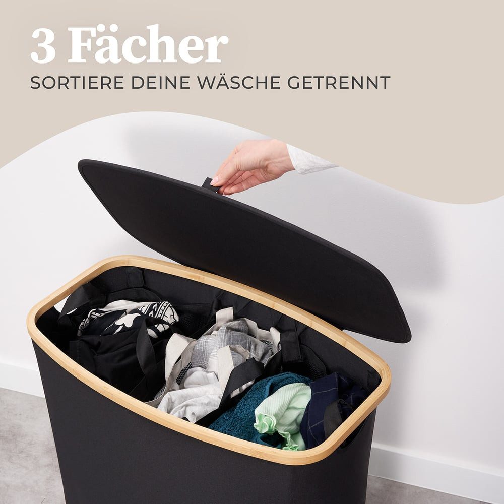 HENNEZ Wäschekorb Wäschebox 150L - Wäschekorb 3 Fächer mit Deckel, Wäschesortierer mit Wäschesack, schwarz Bambus – Bild 4 von 5