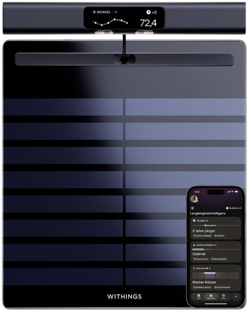 Withings Körper-Analyse-Waage Withings BodyScan2: Ganzkörperanalyse für Herz & Stoffwechsel, 6-Kanal-EKG • Vorhofflimmern-Erkennung • SpO₂ • Nervengesundheit