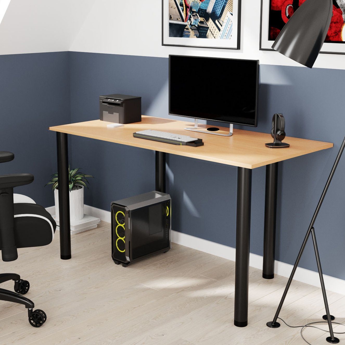 AKKE Schreibtisch, Schreibtisch mit schwarze Beinen 2mm PVC Kantenumleimung Bayerische Buche