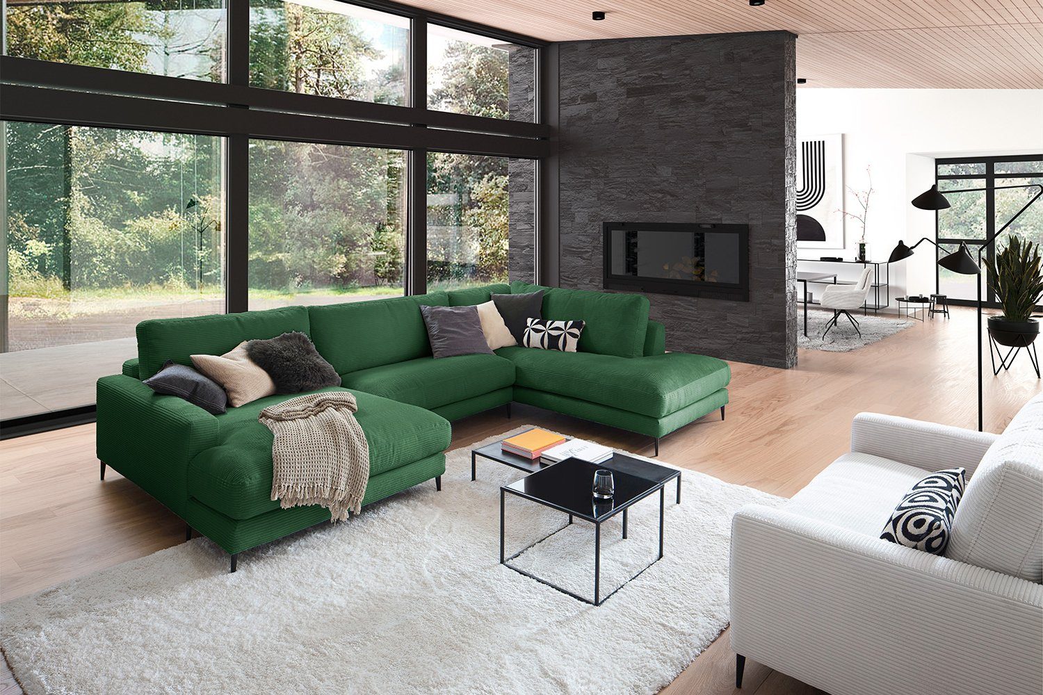 KAWOLA Wohnlandschaft CARA, Sofa U-Form Cord, Longchair rechts od. links, versch. Farben smaragd