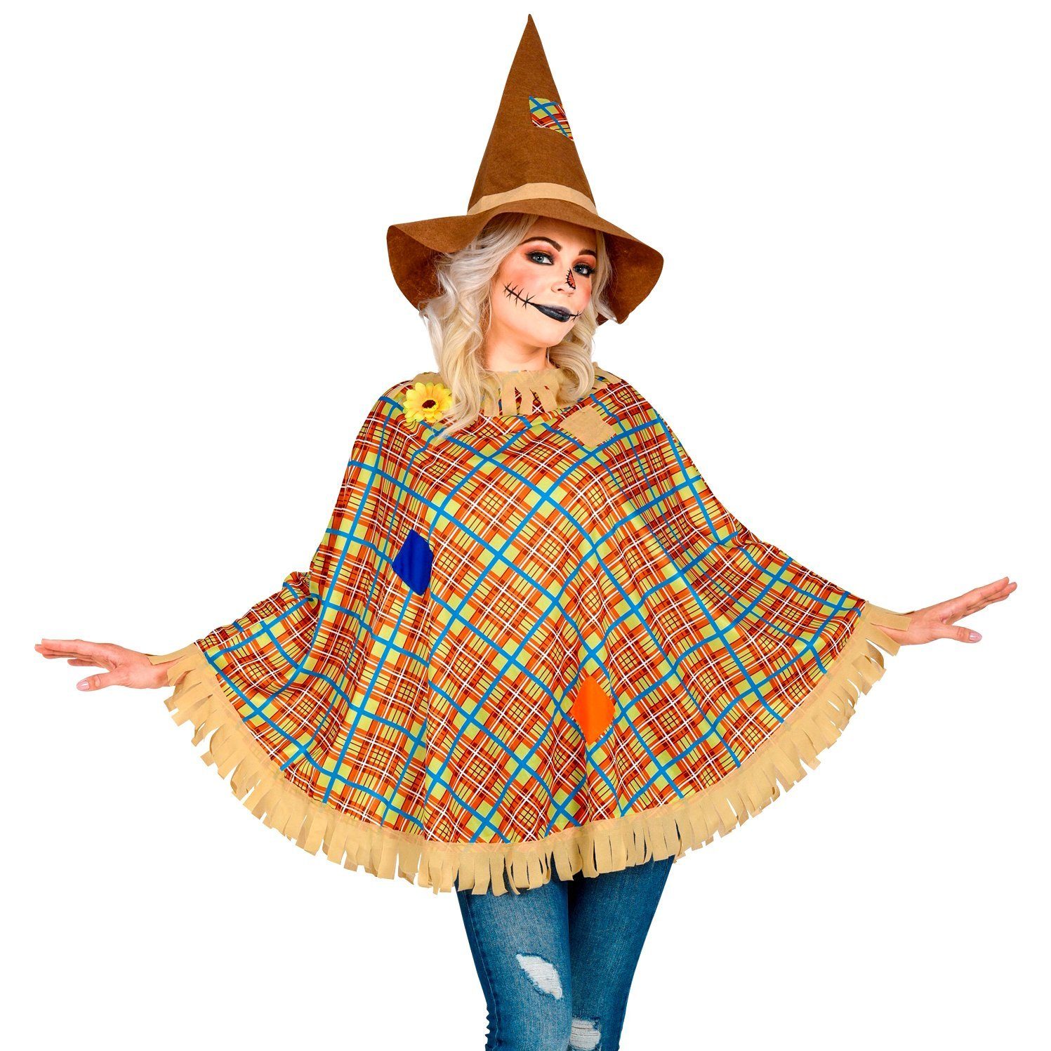 Fun World Kostüm Vogelscheuche Poncho - Fasching Halloween Kostüm U, Leichter Überwurf für freundliche Vogelscheuchen