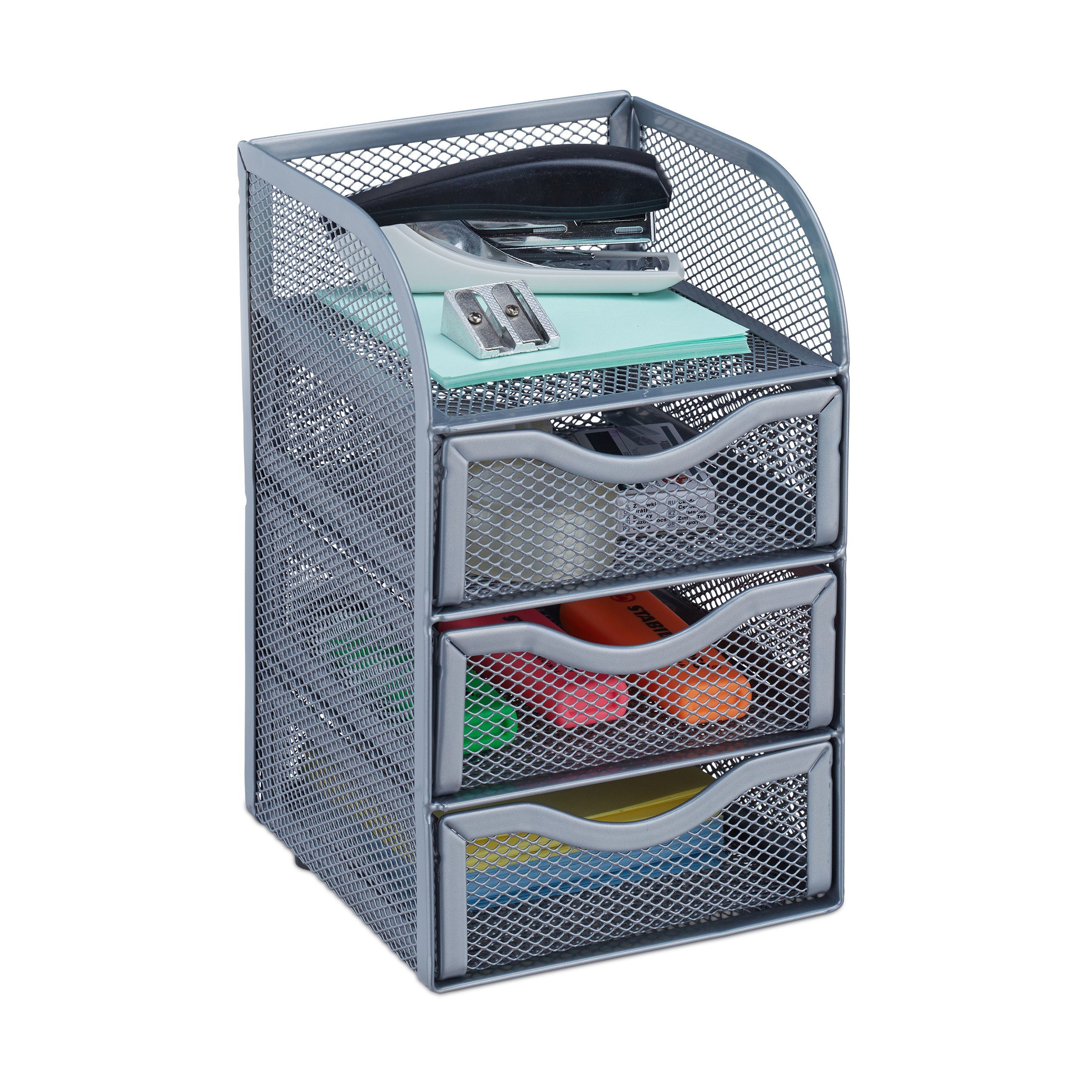 relaxdays Schreibtischaufsatz Schreibtischorganizer Mesh 3 Silber Schubladen