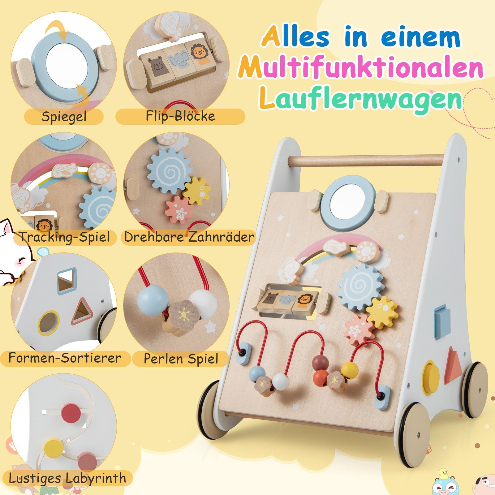 COSTWAY Babywalker Lauflernwagen, 7 in 1 mit Bauklötzen, aus Holz