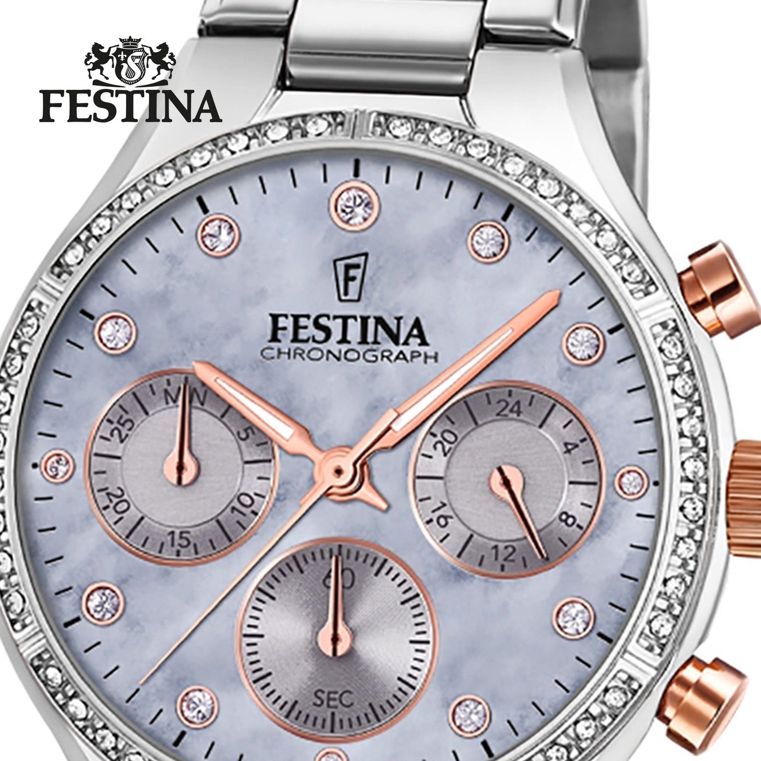 Festina Chronograph Festina Damen Uhr F20401/3 Edelstahl, (Chronograph), Damen Armbanduhr rund, Edelstahlarmband silber
