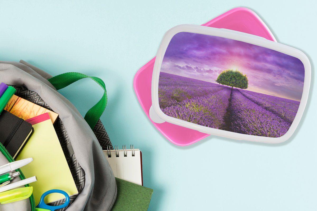 MuchoWow Lunchbox Lavendel - Baum Brotdose Brotbox Wolken, Lila Kunststoff Kunststoff, Kinder, Mädchen, Snackbox, Erwachsene, (2-tlg), rosa - für 