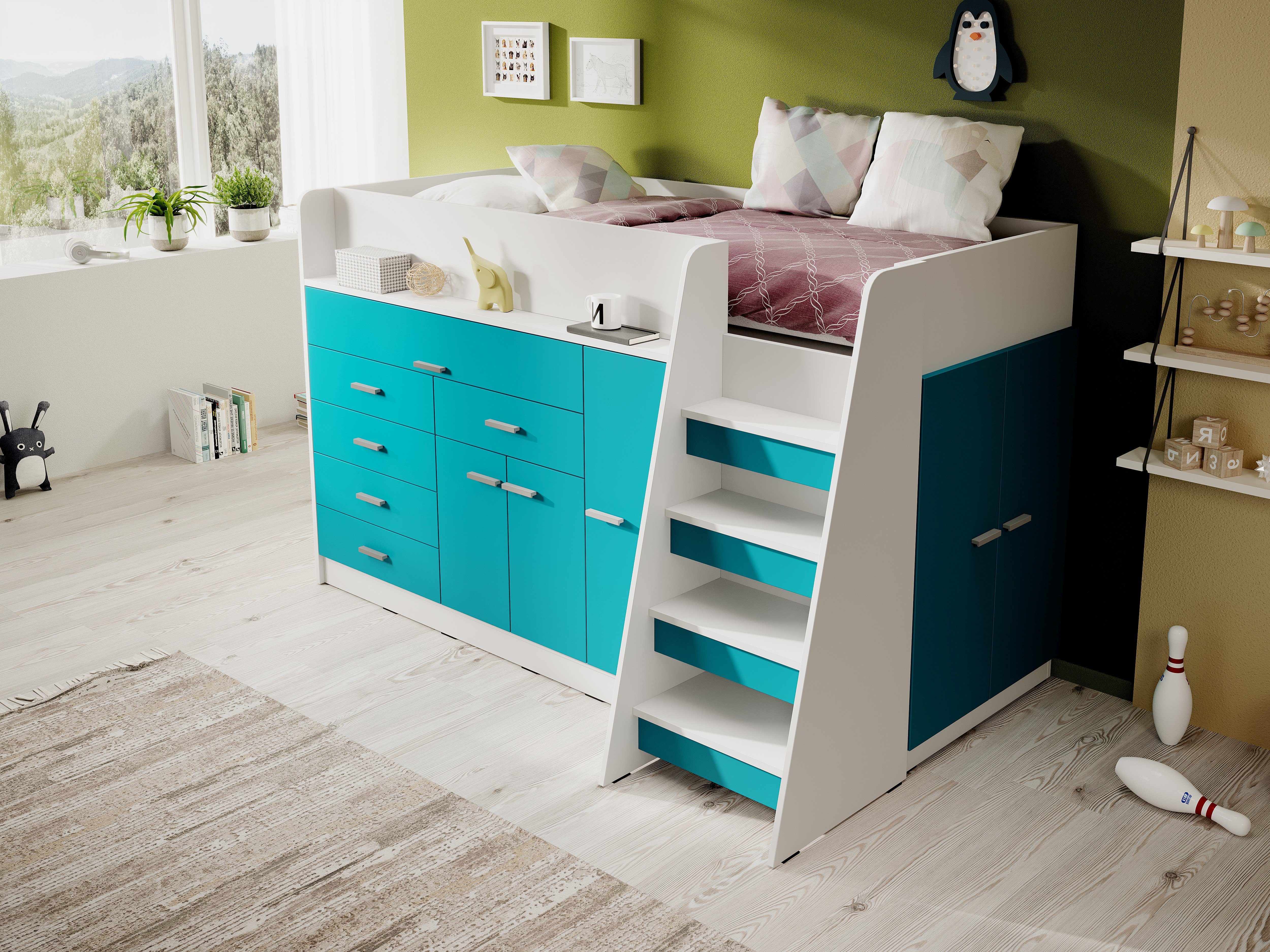 Möbel für Dich Hochbett Ingenio mit ausziehbarem Schreibtisch, Treppe und viel Stauraum mit Lattenrost Fronten türkis