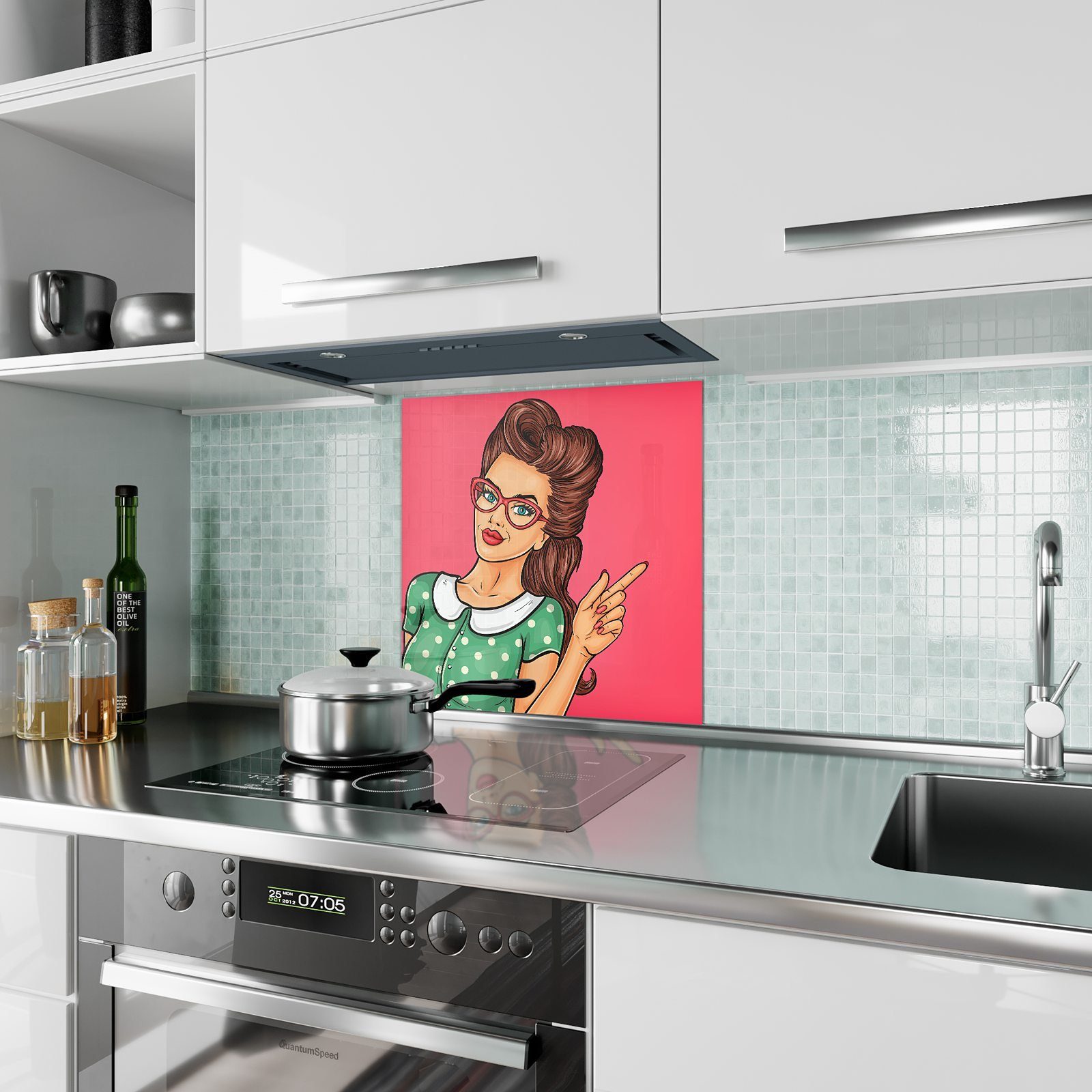 Küchenrückwand mit etwas Primedeco auf Spritzschutz Mädchen Glas Motiv zeigt Küchenrückwand