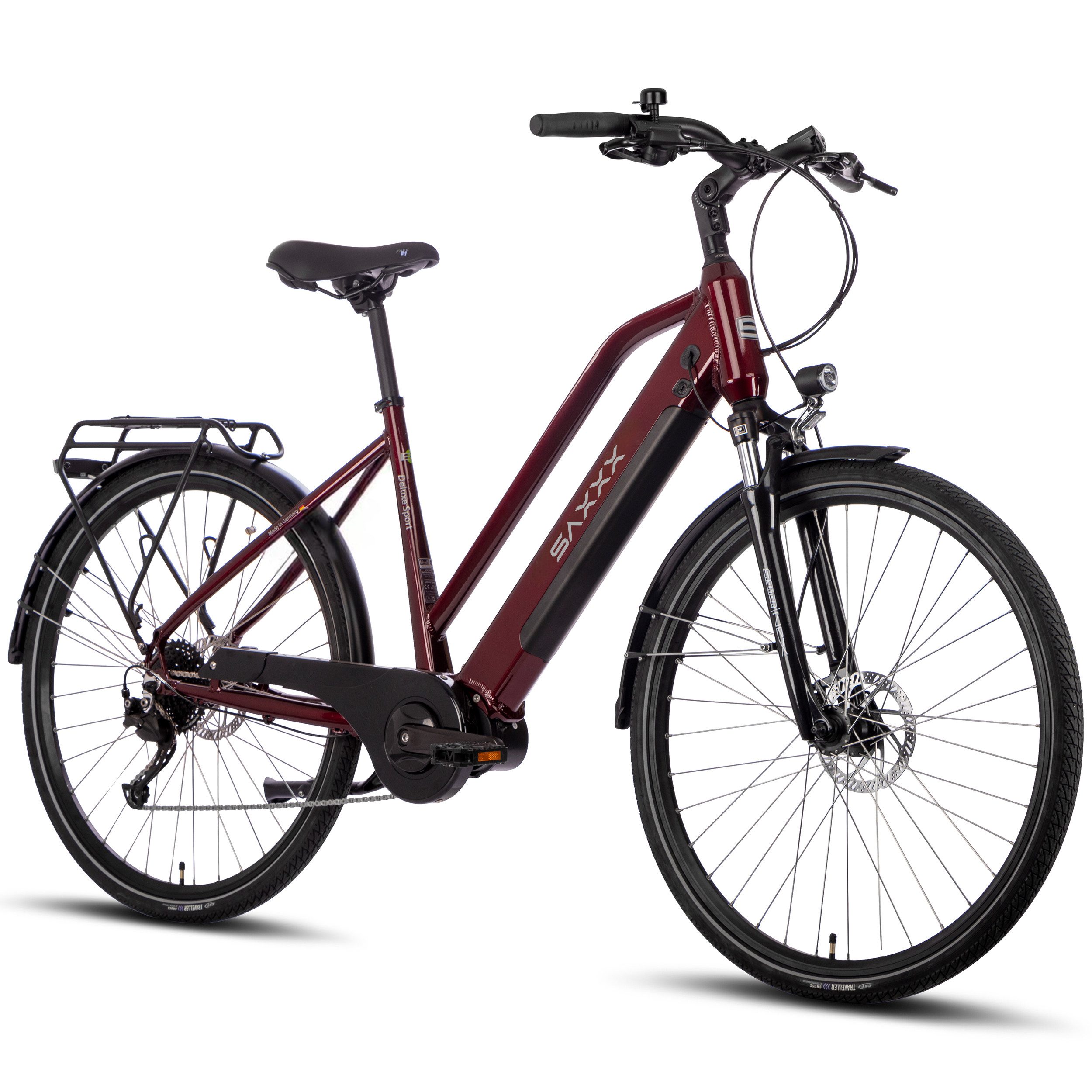 SAXXX E-Bike Cityrad 28 Zoll, 70Nm Mittelmotor, 100km, bis 130kg belastbar, 95% vormontiert, 9 Gang SHIMANO Alivio Schaltwerk, Kettenschaltung, Mittelmotor, 418 Wh, (für Stadtverkehr, Pendelwege und Touren, SR Suntour Federgabel), Aluminium-Trapezrahmen, hydr. Scheibenbremsen, RH: 45/50 cm