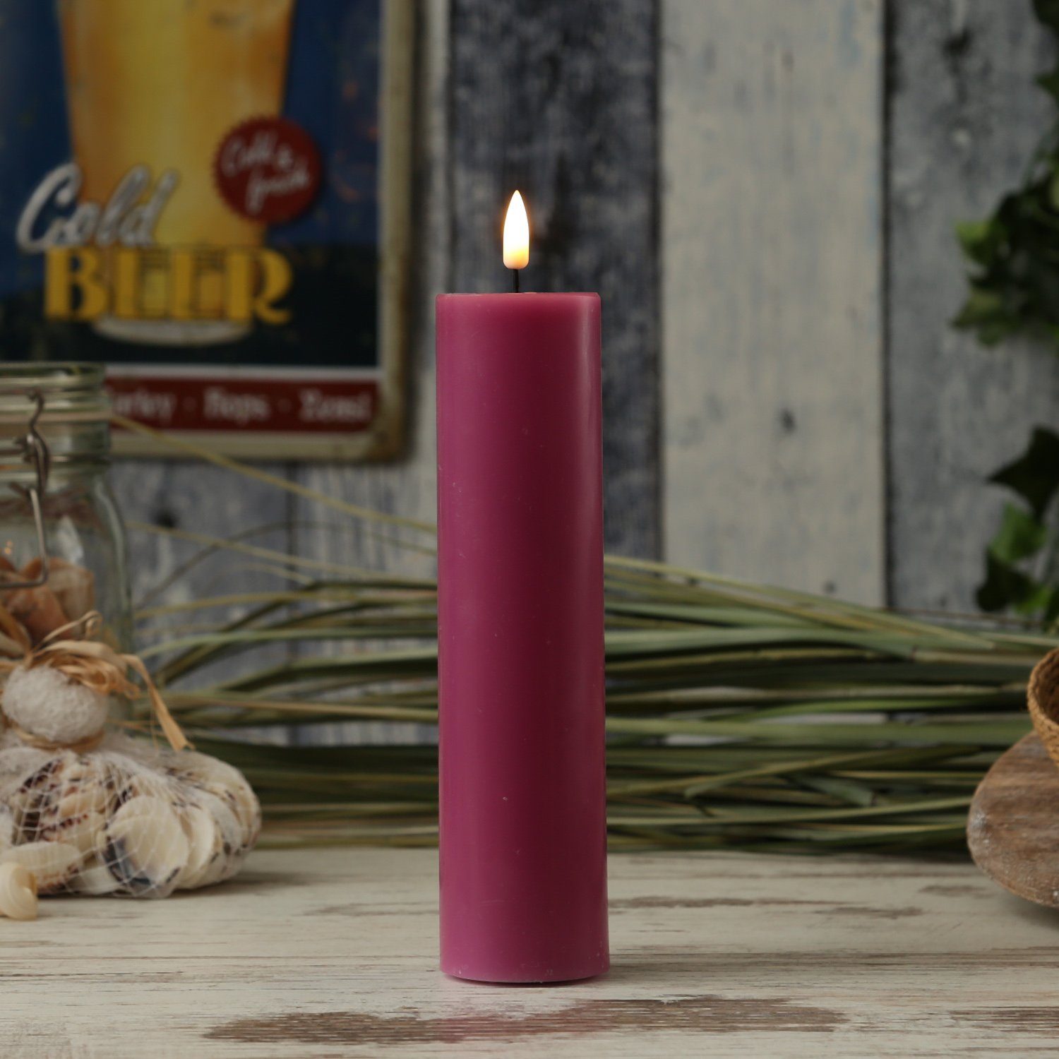 Deluxe Homeart LED-Kerze LED Kerze Mia Echtwachs 3D Flamme flackernd H: 20cm D: 5cm malve, LED Classic, warmweiß (2100K bis 3000K)