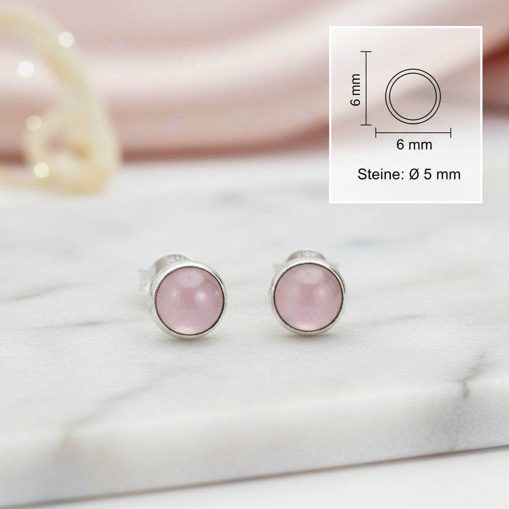 mantraroma Paar Ohrstecker SAMA rund klein aus 925 Silber mit Rosenquarz (Paar, Paar Ohrringe mit Schmuckbeutel), 925 Sterling Silber Ohrringe für Damen