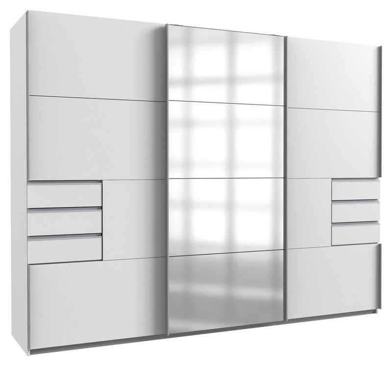 Wimex Schwebetürenschrank SAIGON, 3-türig, Weiß matt, 6 Schubladen, Spiegel, B 270 x H 208 x T 64 cm, 6 Einlegeböden, 2 Kleiderstangen