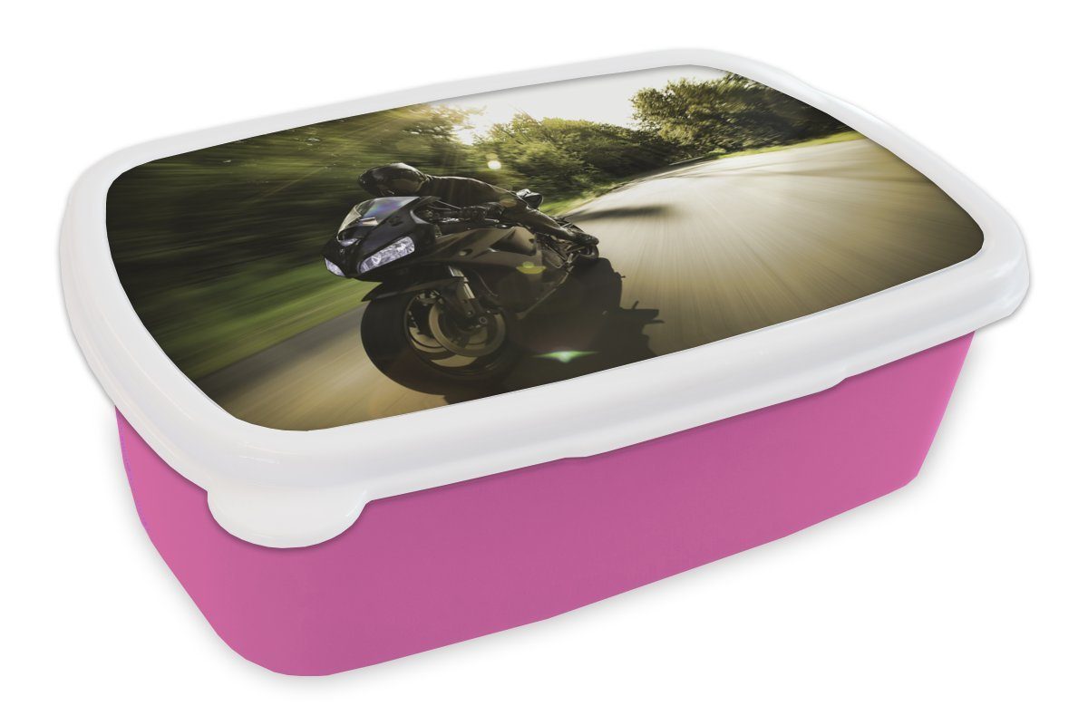 MuchoWow Lunchbox Sportliches Motorrad im Sonnenschein, Kunststoff, (2-tlg), Brotbox für Erwachsene, Brotdose Kinder, Snackbox, Mädchen, Kunststoff rosa | Lunchboxen