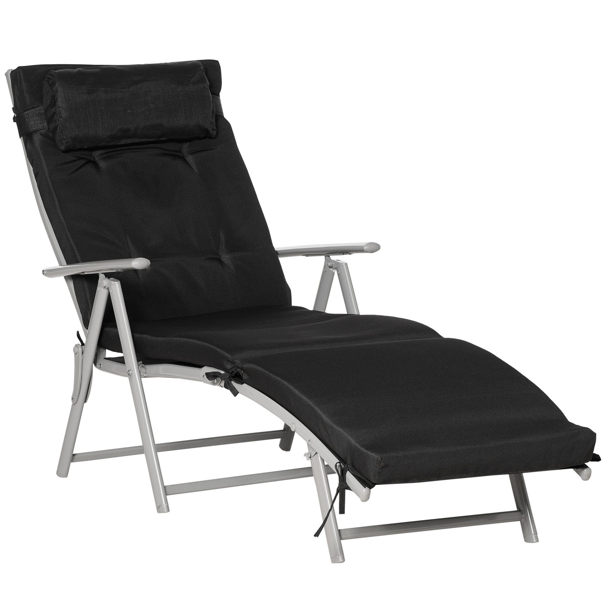 OKWISH Gartenliege Faltbare Strandliege 137x63,5x100,5cm in Schwarz, Packung, 1 St., 7-stufig verstellbar, wetterbeständig mit Kissen, Texteline & Polyester, Metallrahmen für Garten & Strand