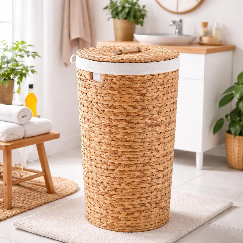 Kobolo Wäschekorb Aufbewahrungskorb FAMILY aus Wasserhyazinthe mit Deckel und herausnehm (Einzelstück, mit Deckel und Stoffeinsatz)